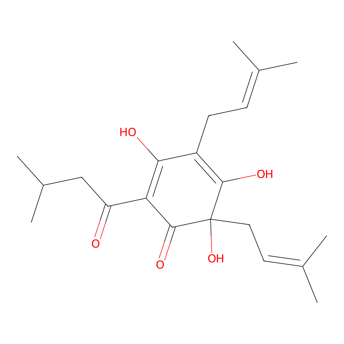 3,5,6-Trihydroxy-4,6-bis(3-methyl-2-buten-1-yl)-2-(3-methyl-1-oxobutyl)-2,4-cyclohexadien-1-one molecular structure, CAS 16520-91-5