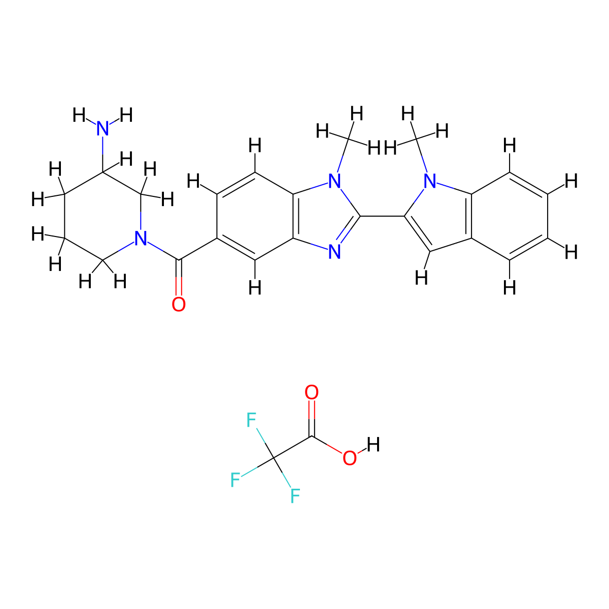 (3-aminopiperidin-1-yl)(1-methyl-2-(1-methyl-1H-indol-2-yl)-1H-benzo[d]imidazol-5-yl)methanone 2,2,2-trifluoroacetate molecular structure, CAS 1652591-80-4