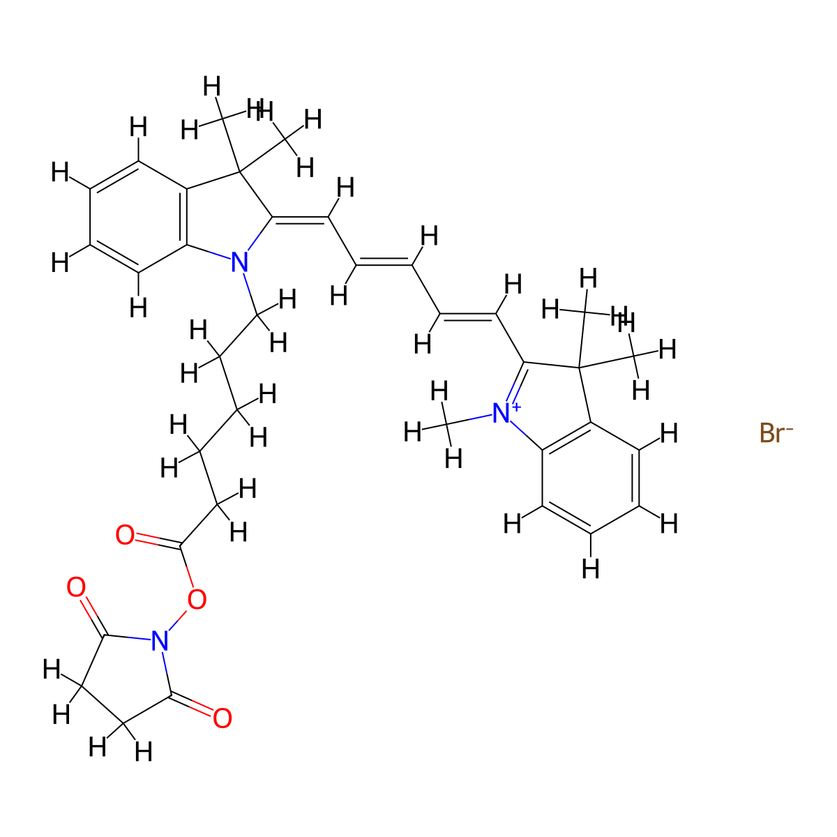 2-(5-[1-[5-(2,5-Dioxo-pyrrolidin-1-yloxycarbonyl)-pentyl]-3,3-dimethyl-1,3-dihydro-indol-2-ylidene]-penta-1,3-dienyl)-1,3,3-trimethyl-3H-indolium bromide molecular structure, CAS 1653991-59-3