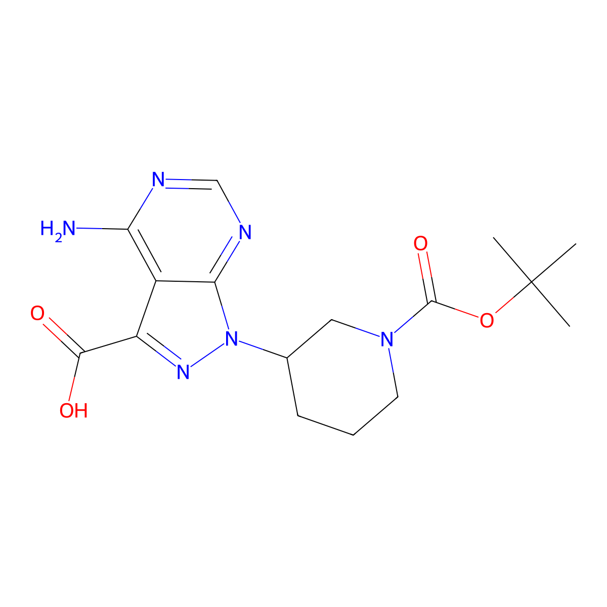 4-amino-1-[(3R)-1-[(tert-butoxy)carbonyl]piperidin-3-yl]-1H-pyrazolo[3,4-d]pyrimidine-3-carboxylic acid molecular structure, CAS 1654728-11-6