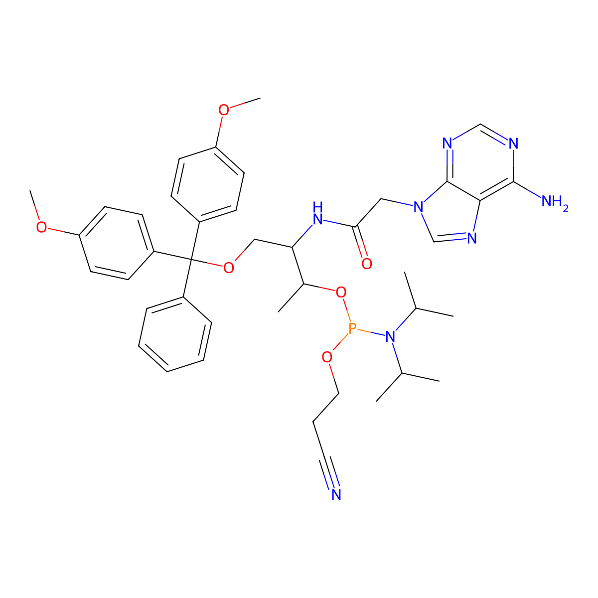 2-(6-amino-9H-purin-9-yl)-N-[(4R,5R)-7-[bis(propan-2-yl)amino]-10-cyano-1,1-bis(4-methoxyphenyl)-5-methyl-1-phenyl-2,6,8-trioxa-7-phosphadecan-4-yl]acetamide molecular structure, CAS 1654757-57-9