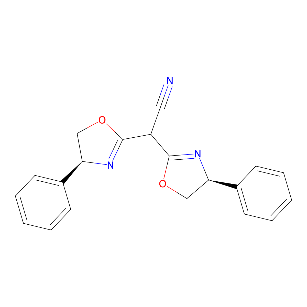 2,2-Bis((S)-4-phenyl-4,5-dihydrooxazol-2-yl)acetonitrile molecular structure, CAS 165554-93-8
