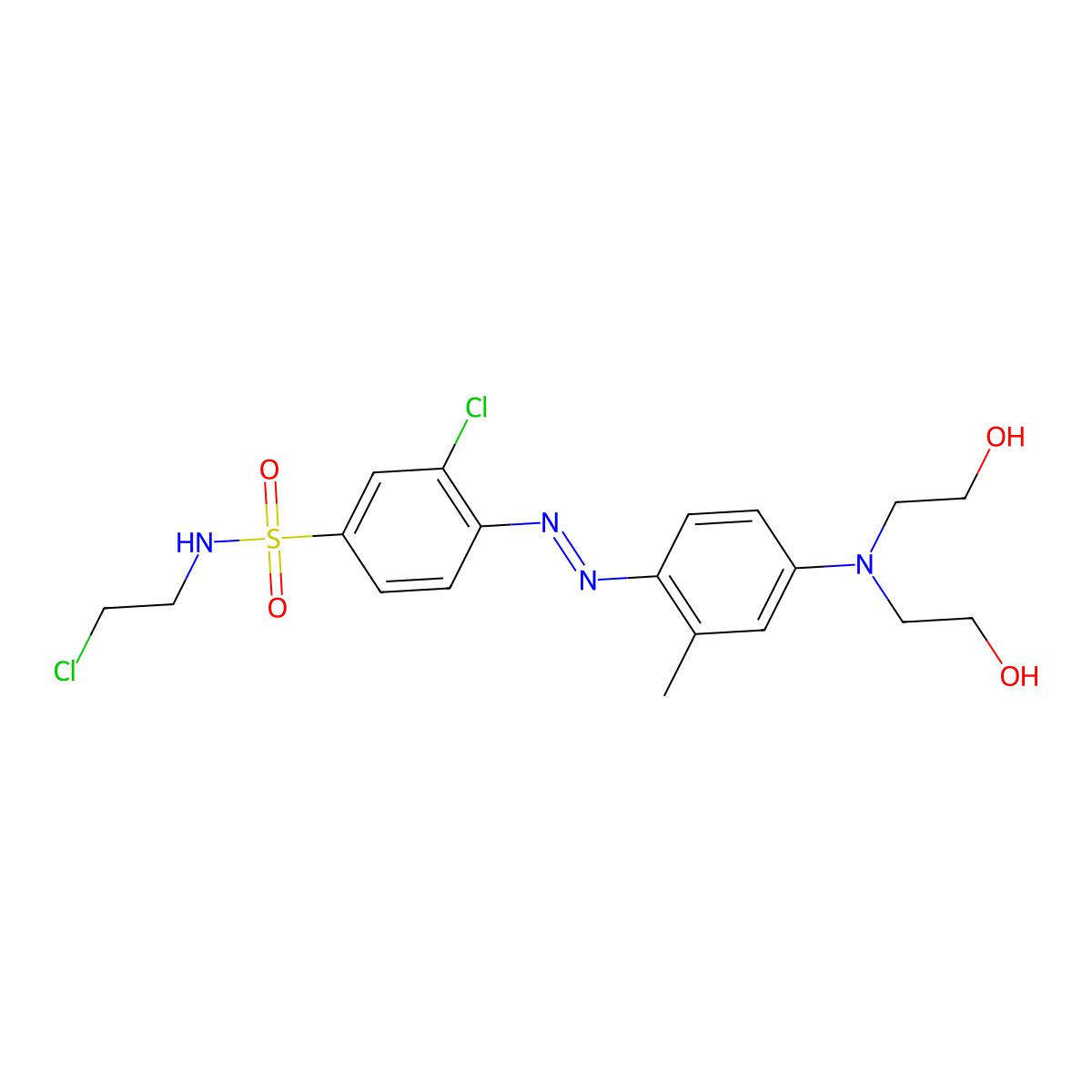 Benzenesulfonamide, 4-(2-(4-(bis(2-hydroxyethyl)amino)-2-methylphenyl)diazenyl)-3-chloro-N-(2-chloroethyl)- molecular structure, CAS 16558-32-0