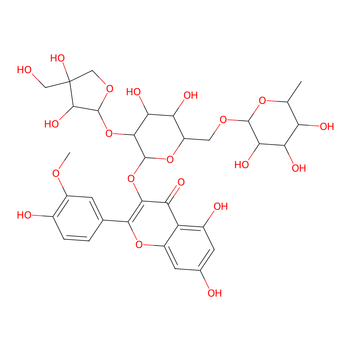 4H-1-Benzopyran-4-one, 3-[(O-D-apio-beta-D-furanosyl-(1->2)-O-[6-deoxy-alpha-L-mannopyranosyl-(1->6)]-beta-D-glucopyranosyl)oxy]-5,7-dihydroxy-2-(4-hydroxy-3-methoxyphenyl)- molecular structure, CAS 165605-18-5