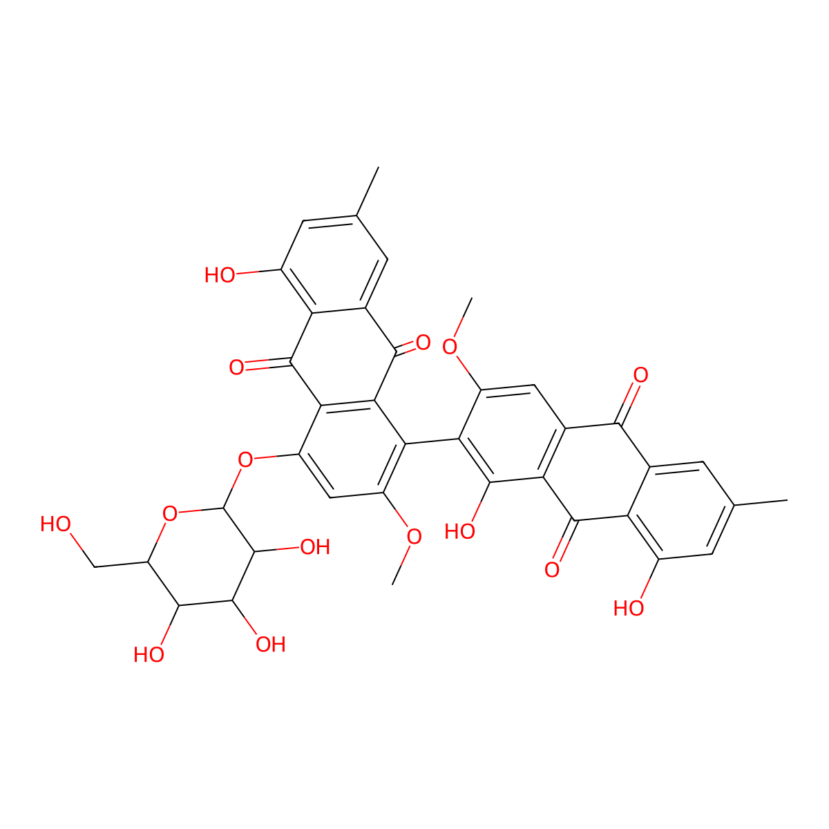 1,8-Dihydroxy-2-[5-hydroxy-2-methoxy-7-methyl-9,10-dioxo-4-[3,4,5-trihydroxy-6-(hydroxymethyl)oxan-2-yl]oxyanthracen-1-yl]-3-methoxy-6-methylanthracene-9,10-dione molecular structure, CAS 165689-32-7