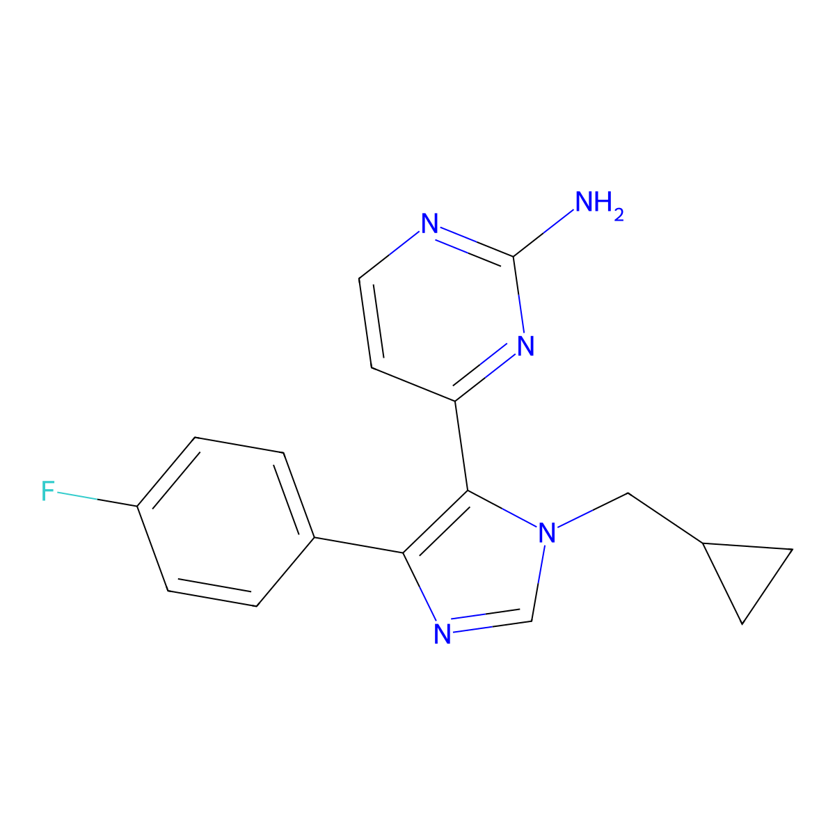 4-(1-(cyclopropylmethyl)-4-(4-fluorophenyl)-1H-imidazol-5-yl)pyrimidin-2-amine molecular structure, CAS 165806-51-9