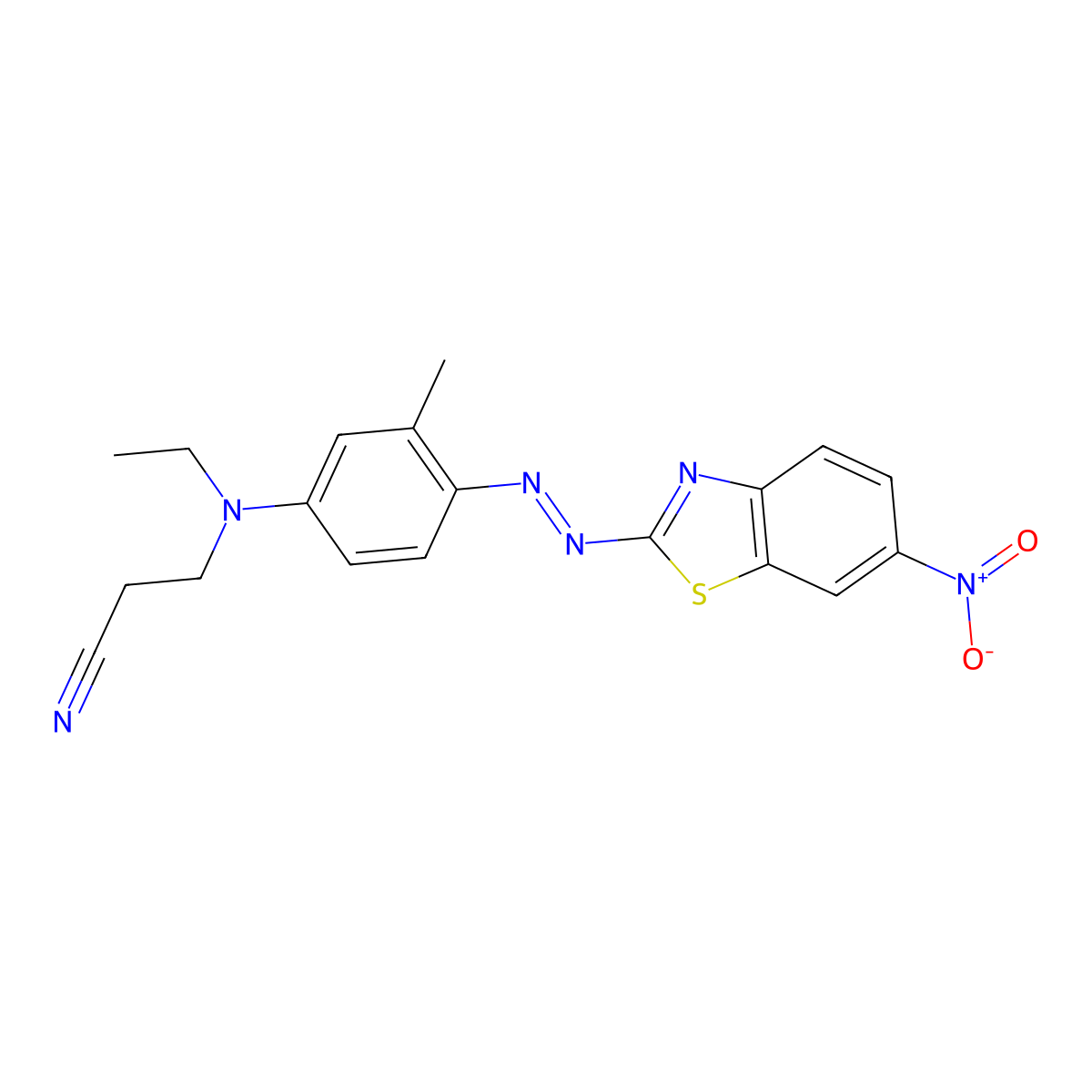 Propanenitrile, 3-[ethyl[3-methyl-4-[2-(6-nitro-2-benzothiazolyl)diazenyl]phenyl]amino]- molecular structure, CAS 16586-42-8