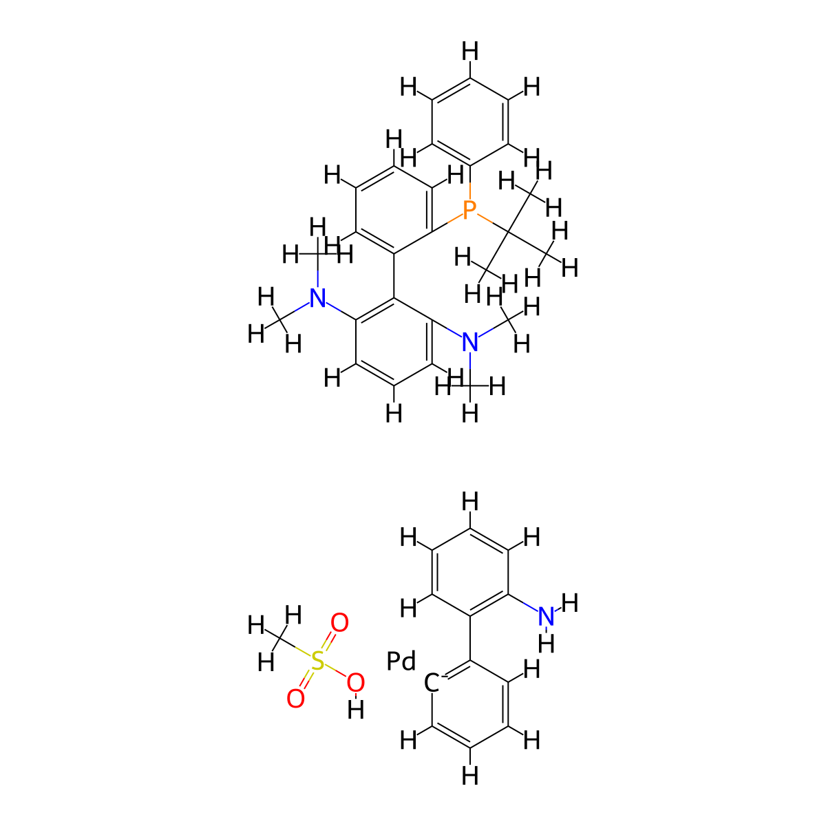 [2'-(Amino-κN)[1,1'-biphenyl]-2-yl-κC][2'-[(1,1-dimethylethyl)phenylphosphino-κP]-N2,N2,N6,N6-tetramethyl[1,1'-biphenyl]-2,6-diamine](methanesulfonato-κO)palladium , (t-Bu)PhCPhos Pd G3 molecular structure, CAS 1661042-31-4