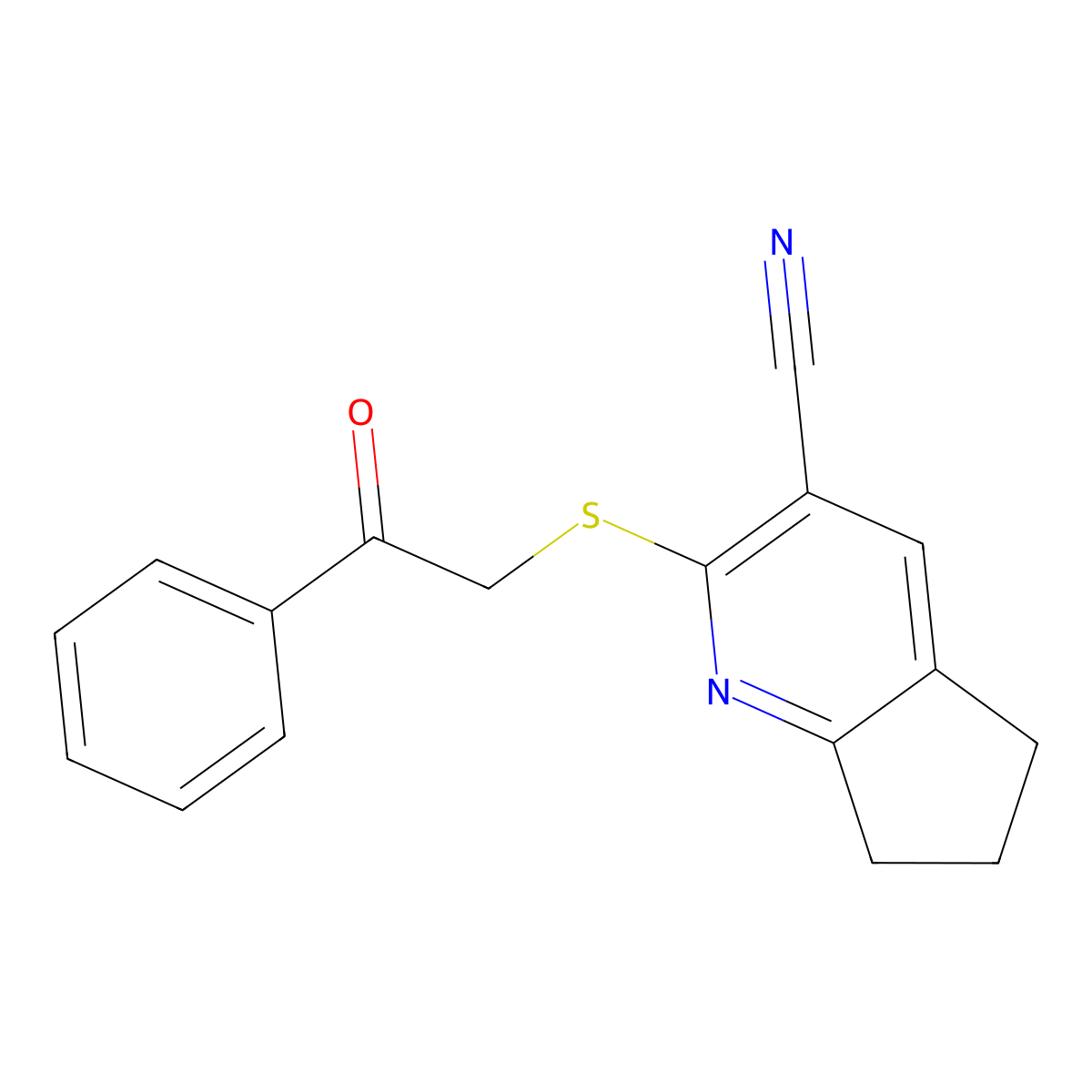 2-((2-oxo-2-phenylethyl)thio)-6,7-dihydro-5H-cyclopenta[b]pyridine-3-carbonitrile molecular structure, CAS 166113-75-3