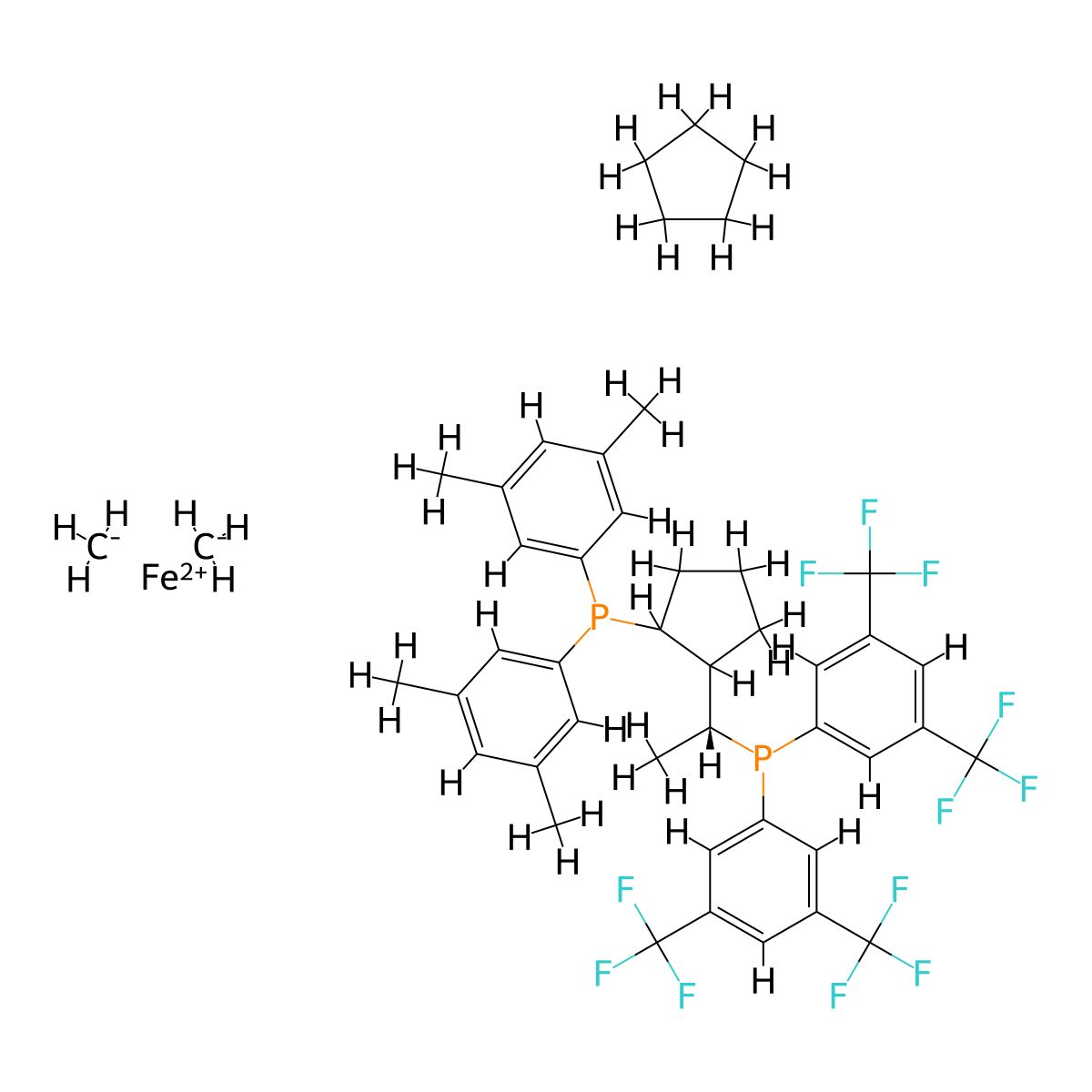 (2R)-1-[(1R)-1-[Bis[3,5-bis(trifluoromethyl)phenyl]phosphino]ethyl]-2-[bis(3,5-dimethylphenyl)phosphino]ferrocene molecular structure, CAS 166172-66-3