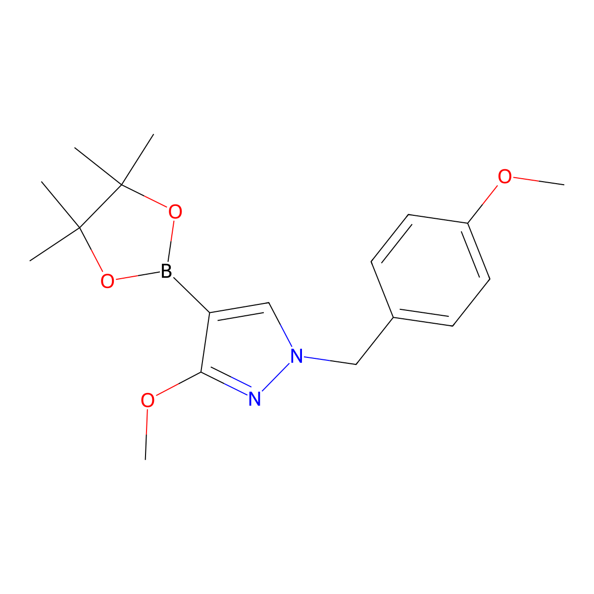 3-Methoxy-1-[(4-methoxyphenyl)methyl]-4-(4,4,5,5-tetramethyl-1,3,2-dioxaborolan-2-yl)-1H-pyrazole molecular structure, CAS 1662682-34-9