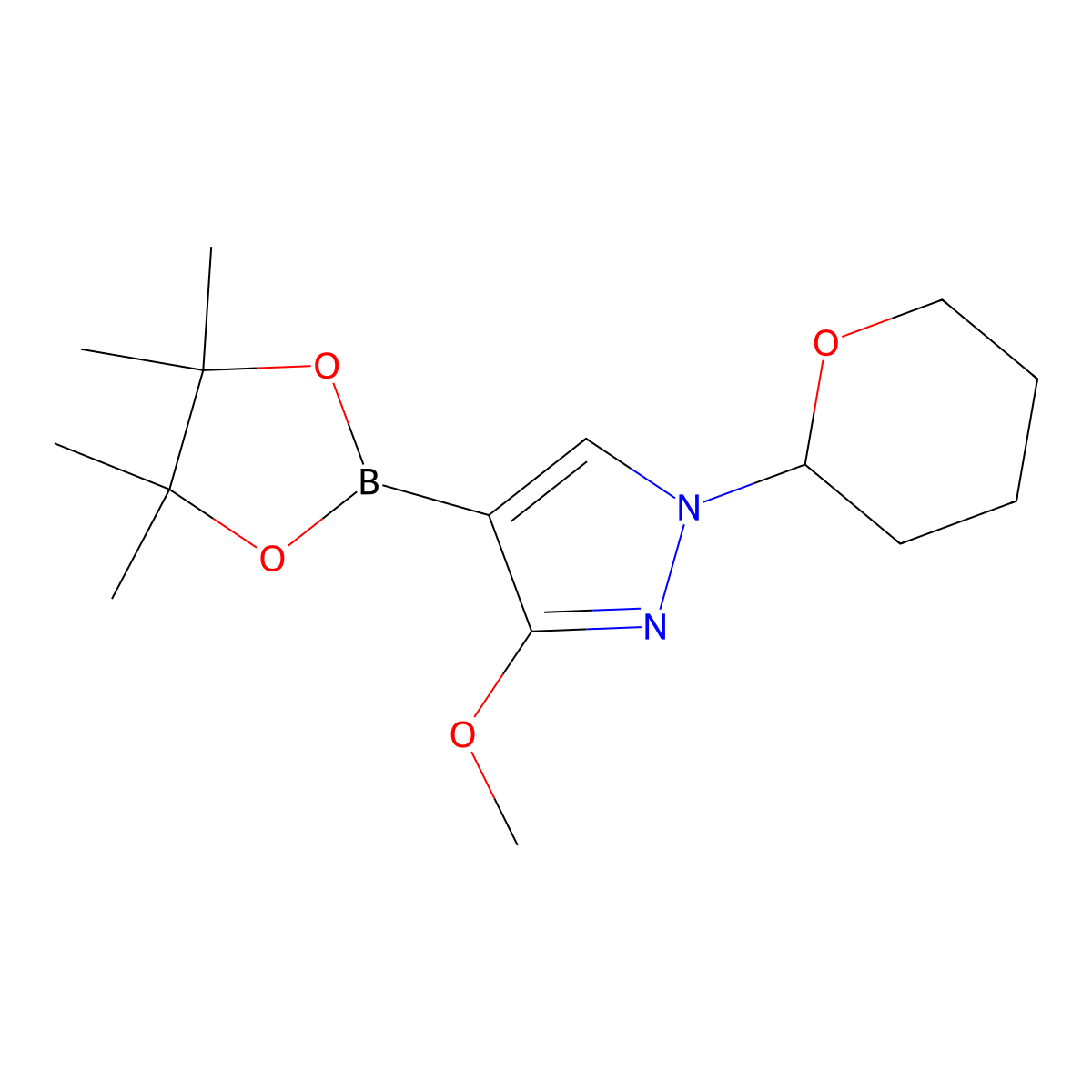3-methoxy-1-(oxan-2-yl)-4-(4,4,5,5-tetramethyl-1,3,2-dioxaborolan-2-yl)-1H-pyrazole molecular structure, CAS 1662682-37-2