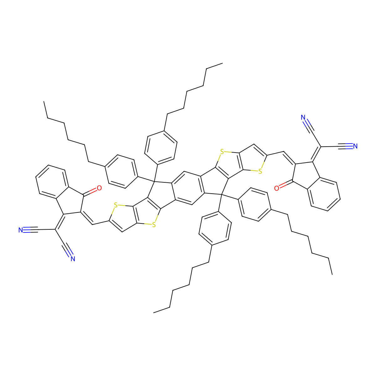 2-[(2E)-2-[[20-[(E)-[1-(dicyanomethylidene)-3-oxoinden-2-ylidene]methyl]-12,12,24,24-tetrakis(4-hexylphenyl)-5,9,17,21-tetrathiaheptacyclo[13.9.0.03,13.04,11.06,10.016,23.018,22]tetracosa-1(15),2,4(11),6(10),7,13,16(23),18(22),19-nonaen-8-yl]methylidene]-3-oxoinden-1-ylidene]propanedinitrile molecular structure, CAS 1664293-06-4