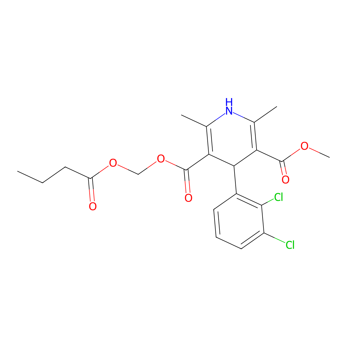 3,5-Pyridinedicarboxylic acid, 4-(2,3-dichlorophenyl)-1,4-dihydro-2,6-dimethyl-, 3-methyl 5-((1-oxobutoxy)methyl) ester molecular structure, CAS 166432-28-6