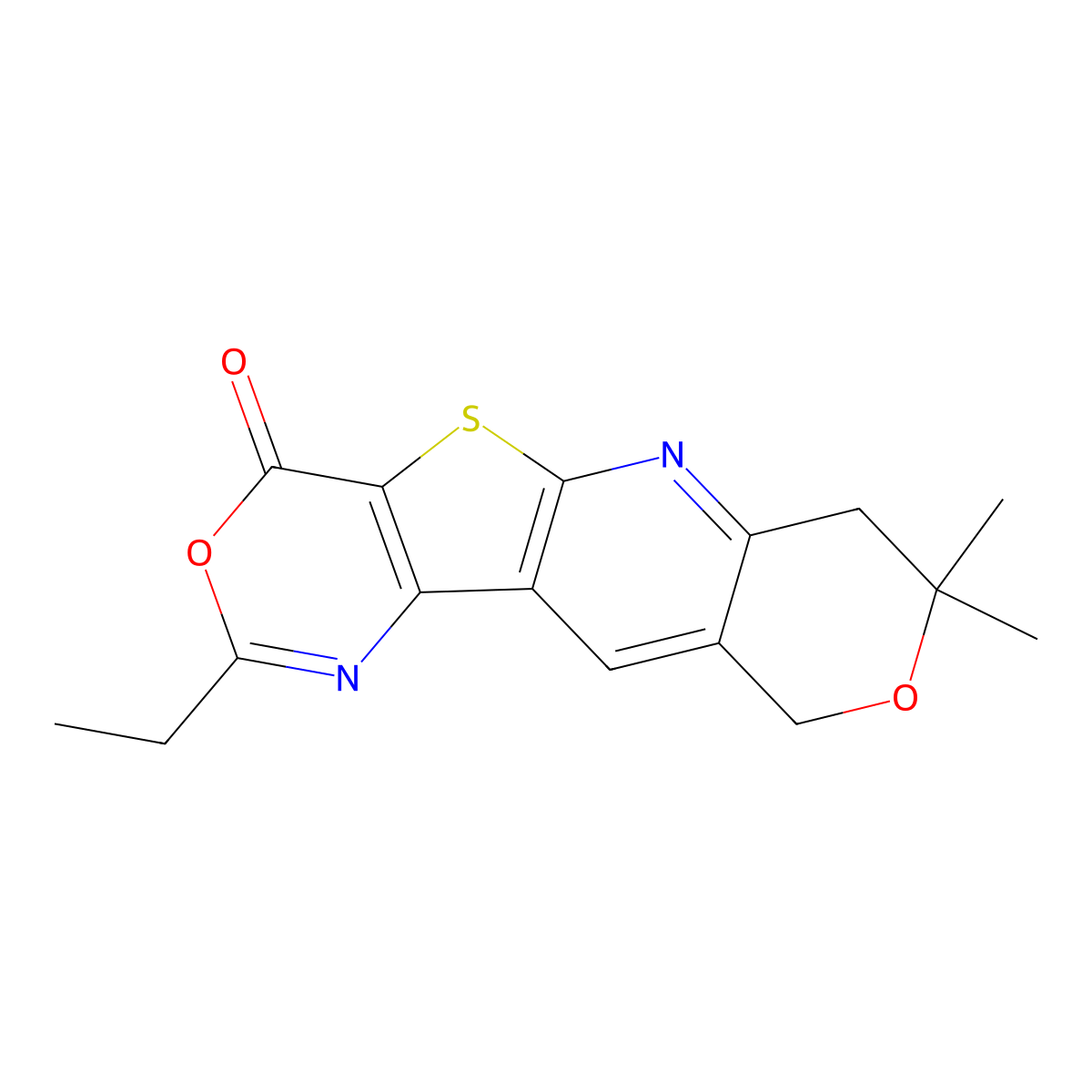 2-ethyl-8,8-dimethyl-7,8-dihydropyrano[3'',4'':5',6']pyrido[3',2':4,5]thieno[3,2-d][1,3]oxazin-4(10H)-one molecular structure, CAS 166545-78-4