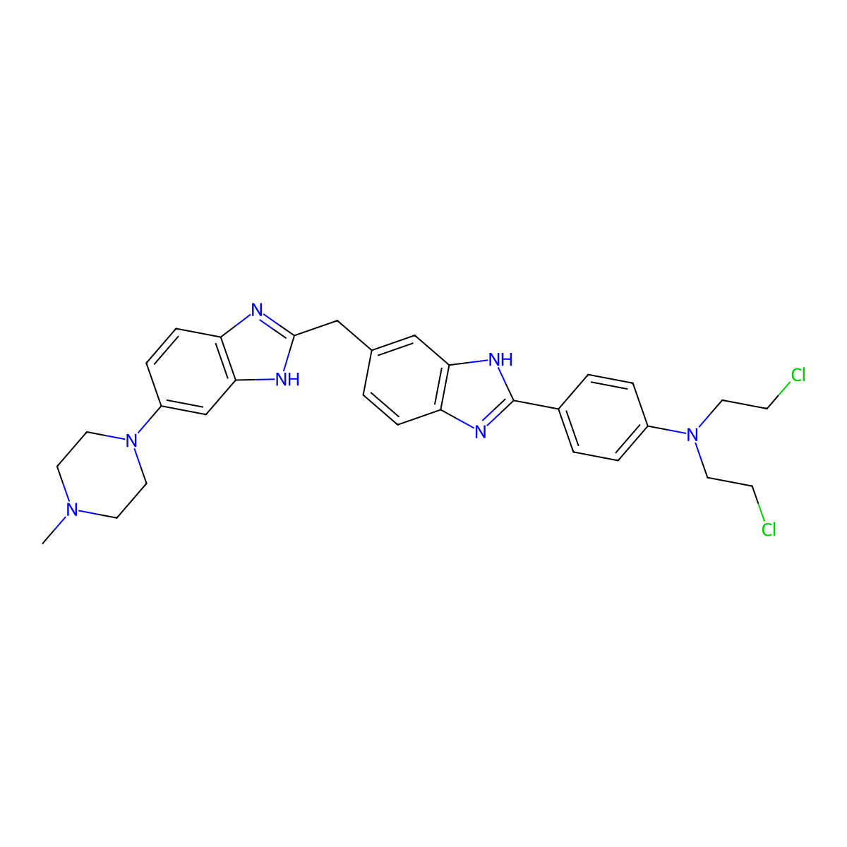 Benzenamine, N,N-bis(2-chloroethyl)-4-(5-((5-(4-methyl-1-piperazinyl)-1H-benzimidazol-2-yl)methyl)-1H-benzimidazol-2-yl)- molecular structure, CAS 166546-20-9