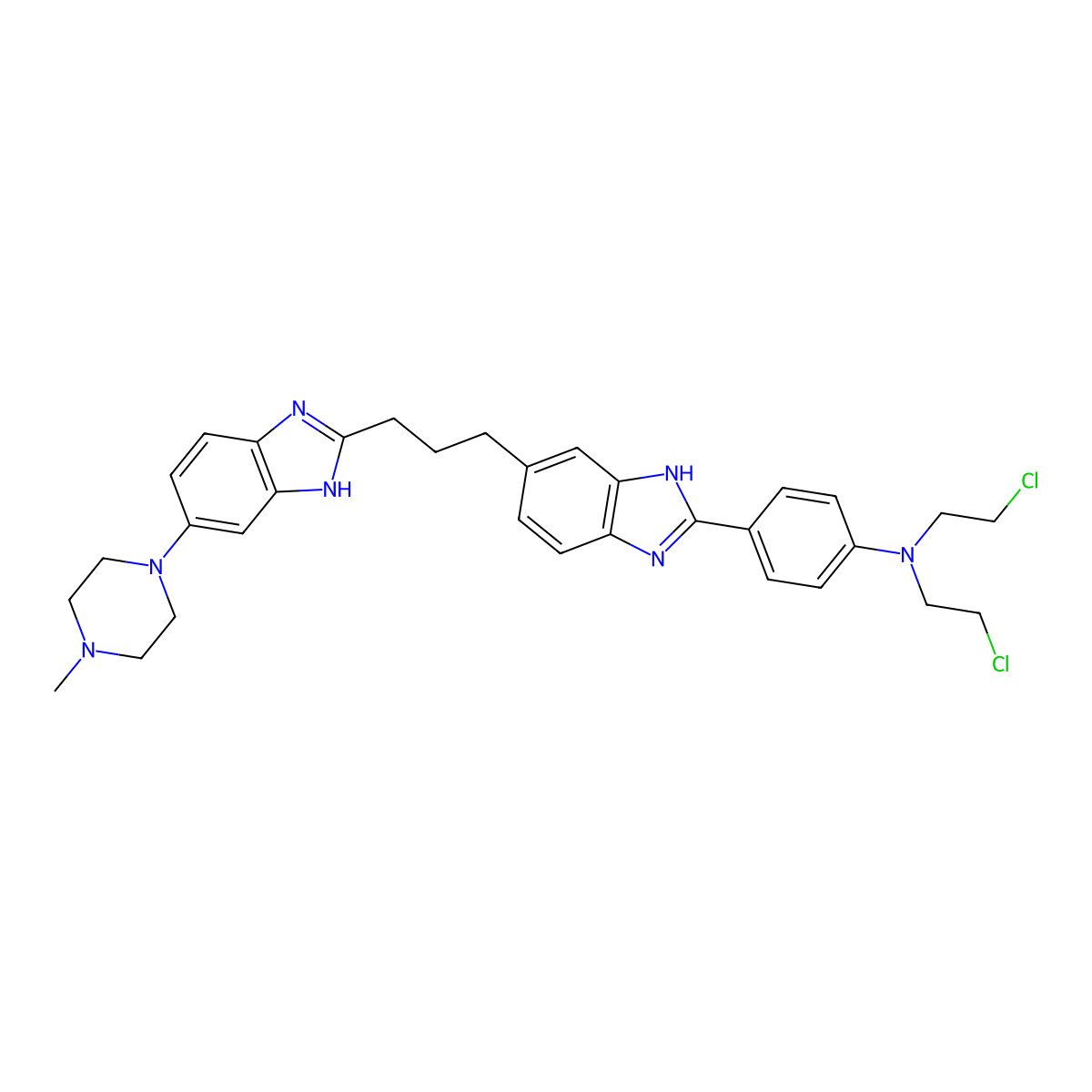N,N-Bis(2-chloroethyl)-4-(5-(3-(5-(4-methyl-1-piperazinyl)-1H-benzimidazol-2-yl)propyl)-1H-benzimidazol-2-yl)benzenamine molecular structure, CAS 166546-22-1