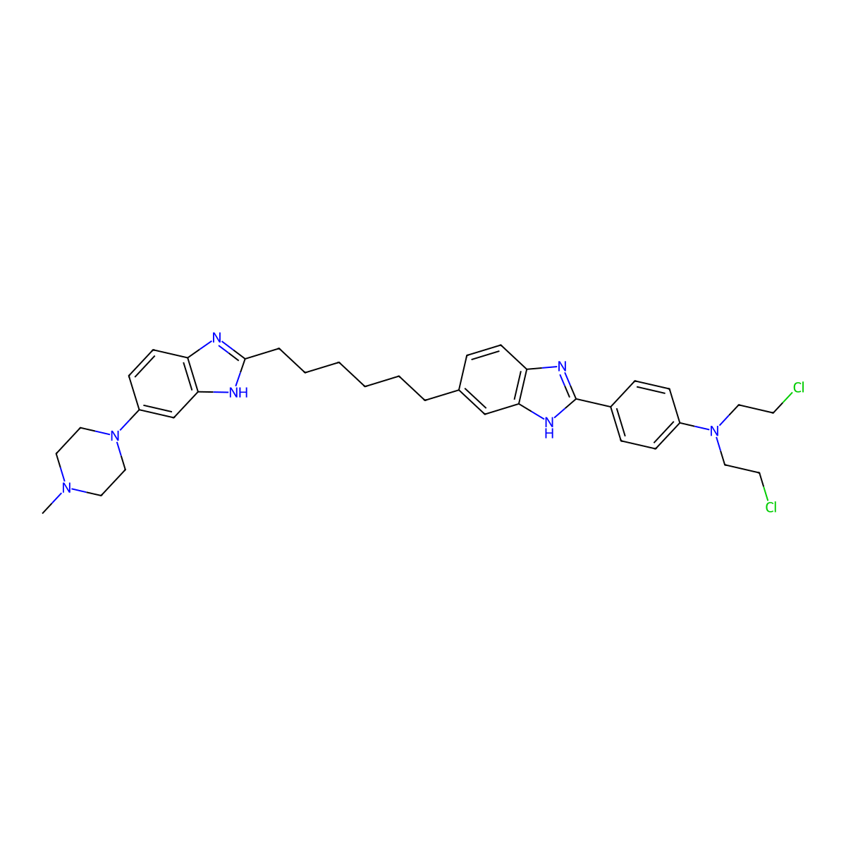 N,N-Bis(2-chloroethyl)-4-(5-(6-(5-(4-methyl-1-piperazinyl)-1H-benzimidazol-2-yl)hexyl)-1H-benzimidazol-2-yl)benzenamine molecular structure, CAS 166546-23-2