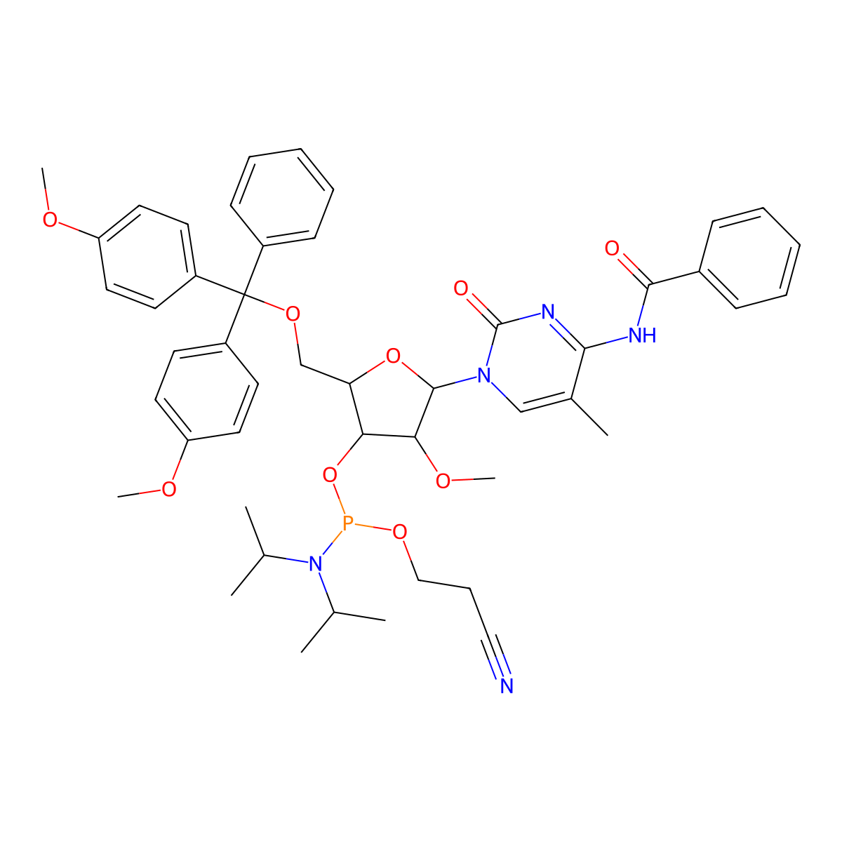 (2R,3R,4R,5R)-5-(4-Benzamido-5-methyl-2-oxopyrimidin-1(2H)-yl)-2-((bis(4-methoxyphenyl)(phenyl)methoxy)methyl)-4-methoxytetrahydrofuran-3-yl (2-cyanoethyl) diisopropylphosphoramidite molecular structure, CAS 166593-57-3