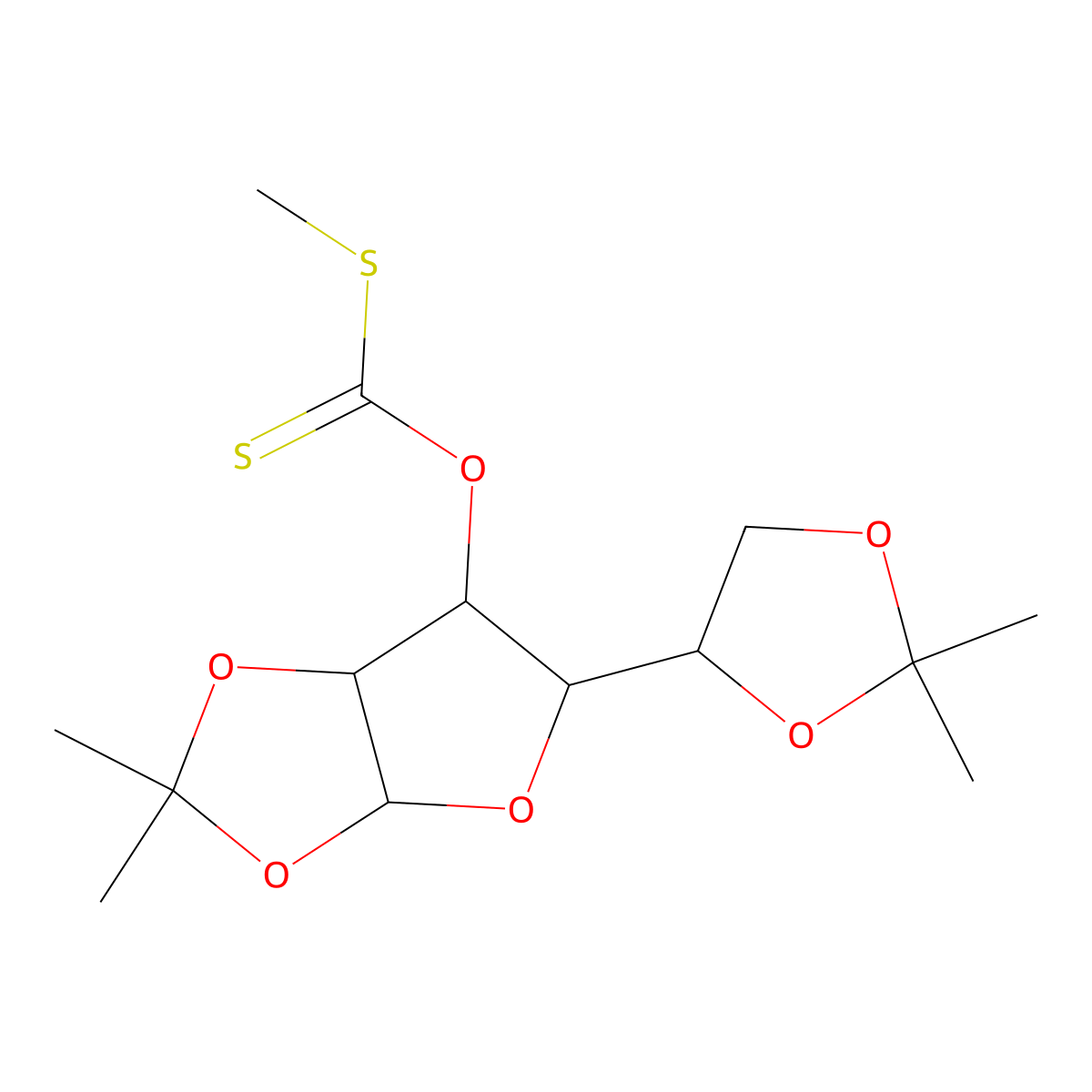O-[5-(2,2-dimethyl-1,3-dioxolan-4-yl)-2,2-dimethyl-3a,5,6,6a-tetrahydrofuro[2,3-d][1,3]dioxol-6-yl] methylsulfanylmethanethioate molecular structure, CAS 16667-96-2