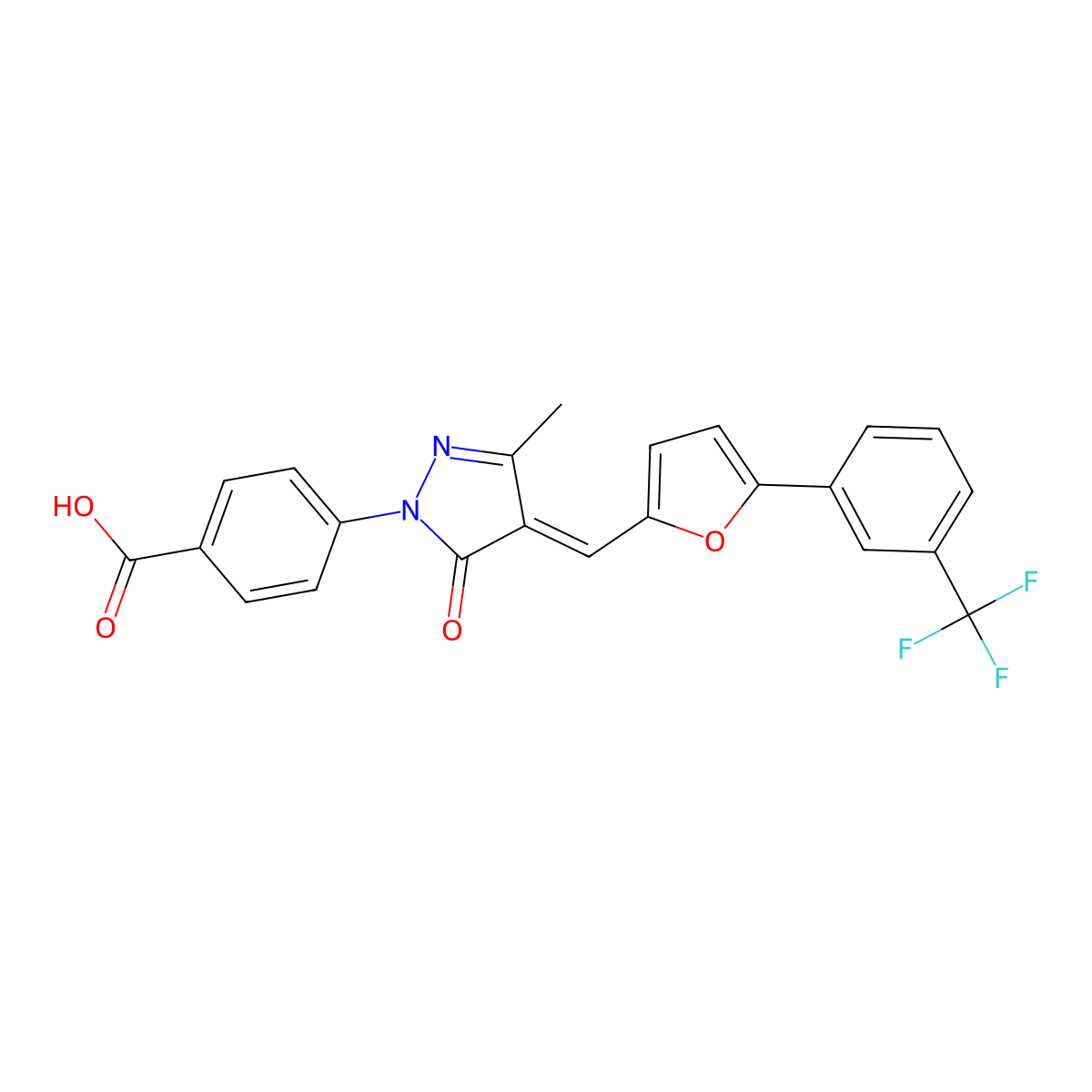 4-[(4Z)-3-methyl-5-oxo-4-({5-[3-(trifluoromethyl)phenyl]furan-2-yl}methylidene)-4,5-dihydro-1H-pyrazol-1-yl]benzoic acid molecular structure, CAS 1668604-47-4