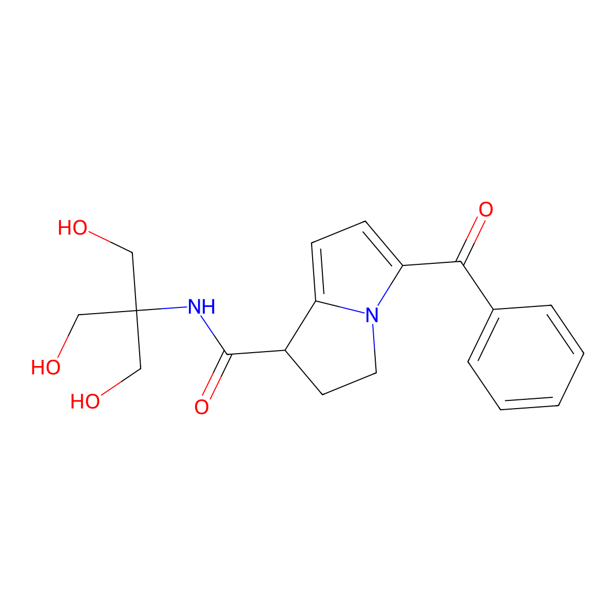 1H-Pyrrolizine-1-carboxamide, 5-benzoyl-2,3-dihydro-N-(2-hydroxy-1,1-bis(hydroxymethyl)ethyl)-, (+-)- molecular structure, CAS 167105-80-8