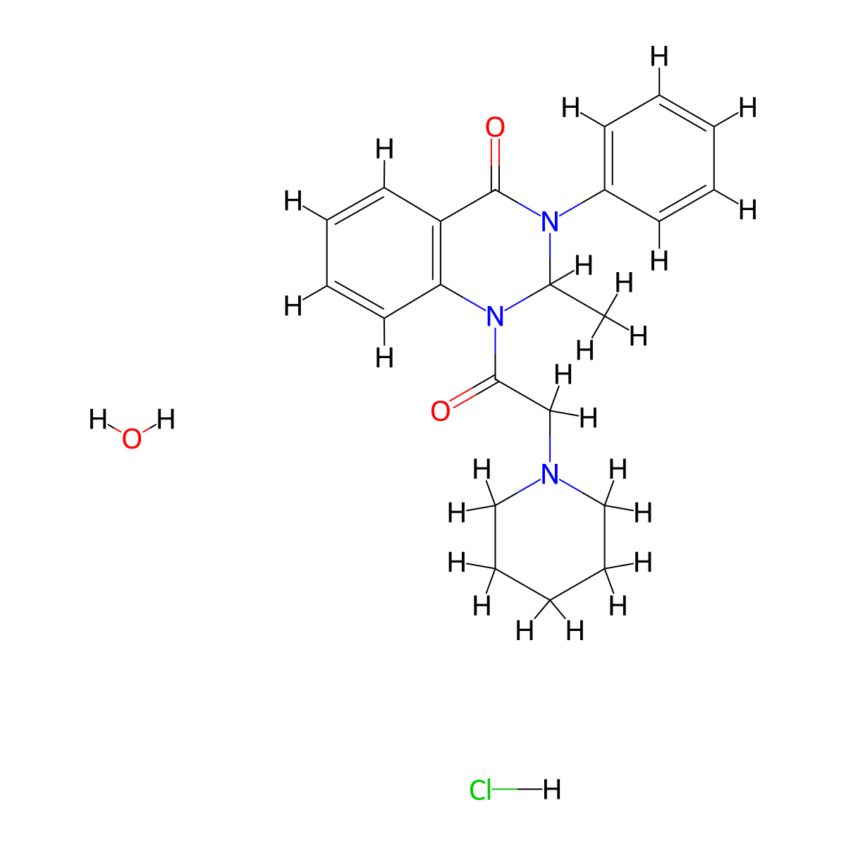 4(1H)-Quinazolinone, 2,3-dihydro-2-methyl-3-phenyl-1-(piperidinoacetyl)-, monohydrochloride, hydrate molecular structure, CAS 16711-39-0