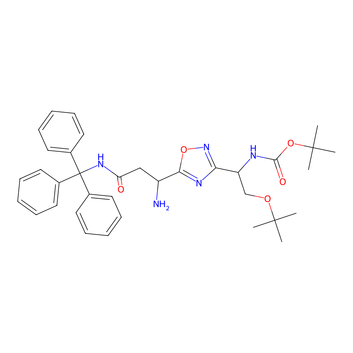 tert-Butyl ((R)-1-(5-((S)-1-amino-3-oxo-3-(tritylamino)propyl)-1,2,4-oxadiazol-3-yl)-2-(tert-butoxy)ethyl)carbamate molecular structure, CAS 1673535-02-8