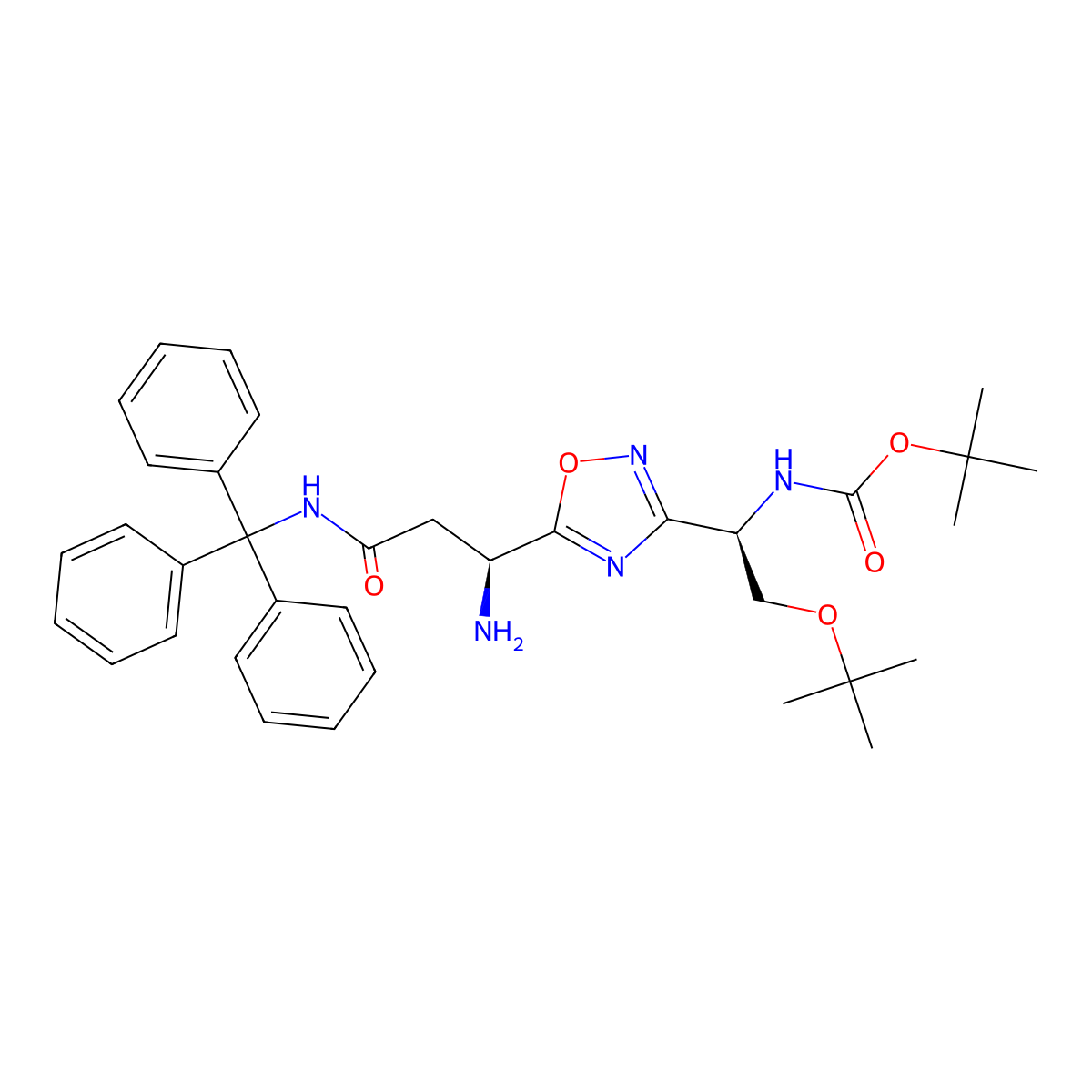tert-Butyl ((R)-1-(5-((S)-1-amino-3-oxo-3-(tritylamino)propyl)-1,2,4-oxadiazol-3-yl)-2-(tert-butoxy)ethyl)carbamate molecular structure, CAS 1673535-02-8