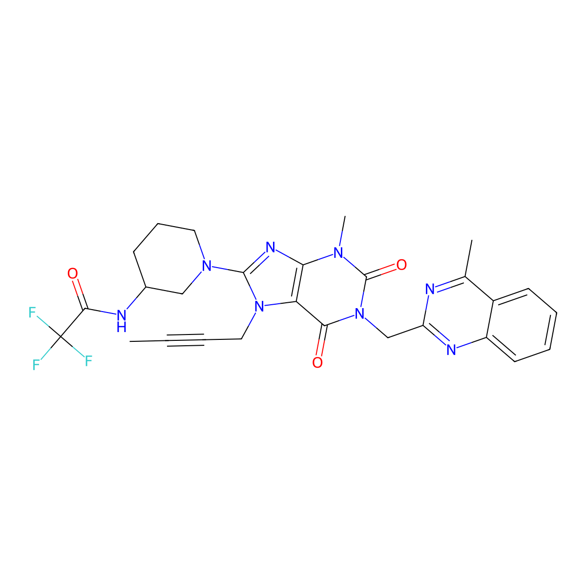 (R)-N-(1-(7-(but-2-yn-1-yl)-3-methyl-1-((4-methylquinazolin-2-yl)methyl)-2,6-dioxo-2,3,6,7-tetrahydro-1H-purin-8-yl)piperidin-3-yl)-2,2,2-trifluoroacetamide molecular structure, CAS 1673546-62-7