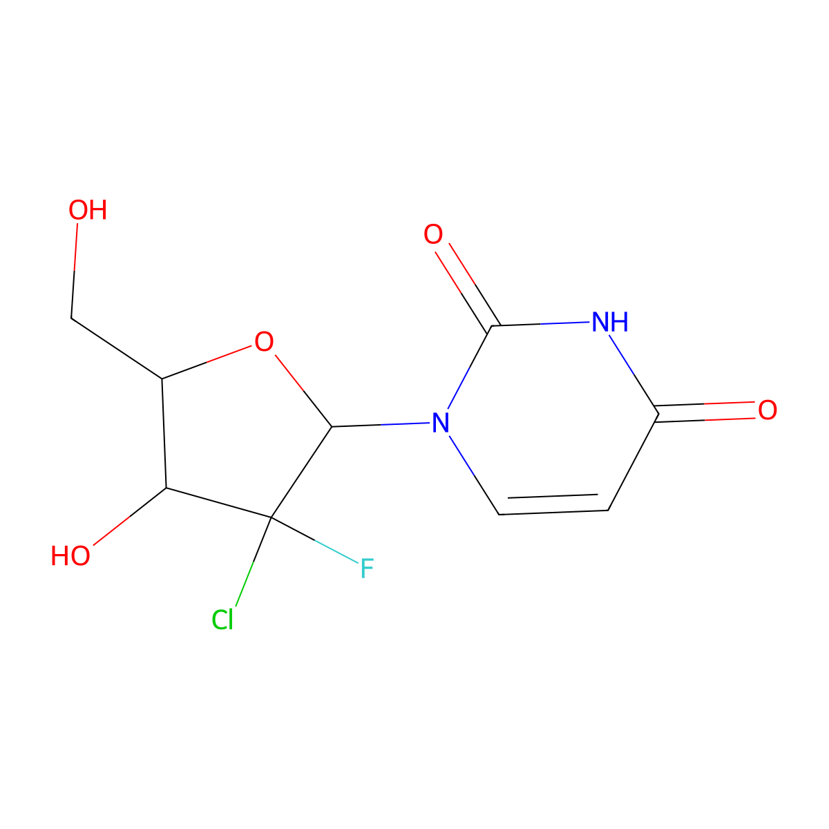 1-((2R,3S,4R,5R)-3-Chloro-3-fluoro-4-hydroxy-5-(hydroxymethyl)tetrahydrofuran-2-yl)pyrimidine-2,4(1H,3H)-dione molecular structure, CAS 1673560-41-2