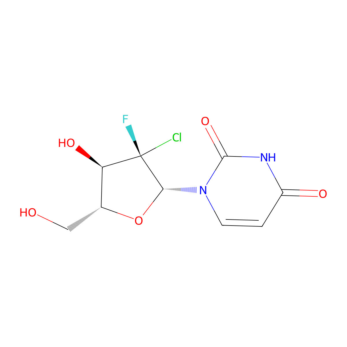 1-((2R,3S,4R,5R)-3-Chloro-3-fluoro-4-hydroxy-5-(hydroxymethyl)tetrahydrofuran-2-yl)pyrimidine-2,4(1H,3H)-dione molecular structure, CAS 1673560-41-2