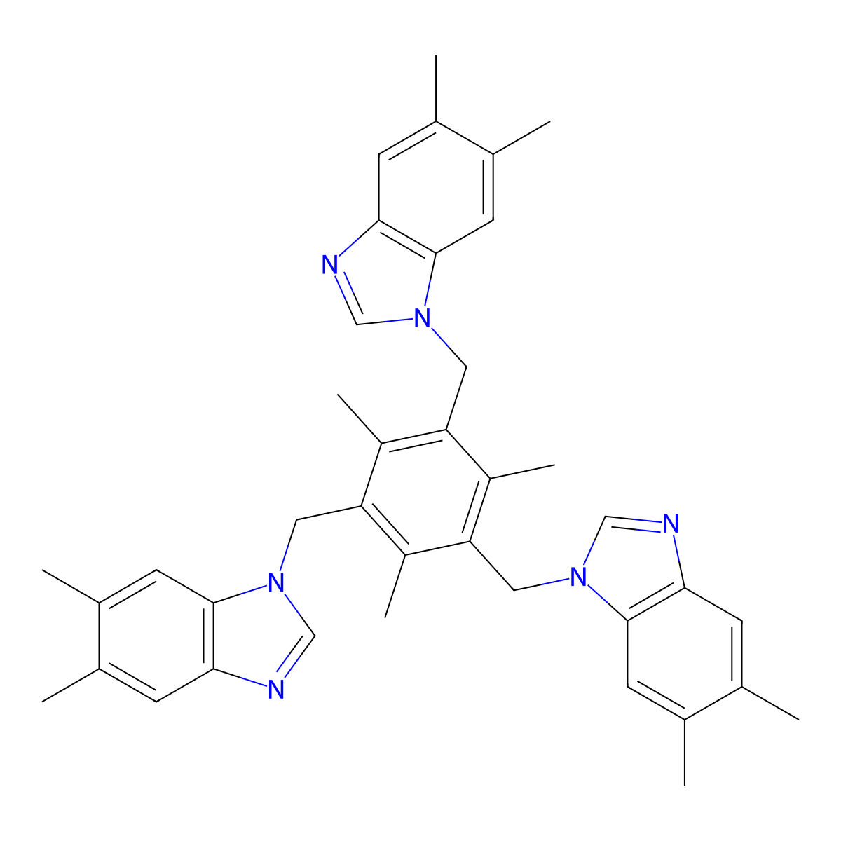 1,1',1''-((2,4,6-Trimethylbenzene-1,3,5-triyl)tris(methylene))tris(5,6-dimethyl-1H-benzo[d]imidazole) molecular structure, CAS 1673560-52-5