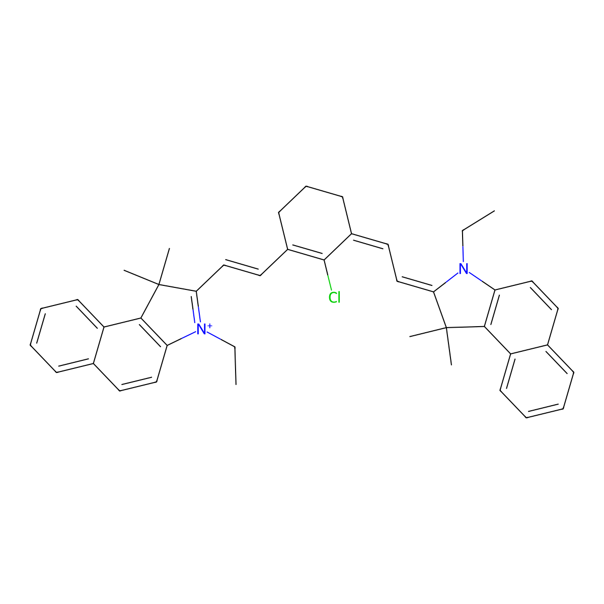 2-((E)-2-((E)-2-chloro-3-((Z)-2-(3-ethyl-1,1-dimethyl-1,3-dihydro-2H-benzo[e]indol-2-ylidene)ethylidene)cyclohex-1-en-1-yl)vinyl)-3-ethyl-1,1-dimethyl-1H-benzo[e]indol-3-ium iodide molecular structure, CAS 1675238-75-1
