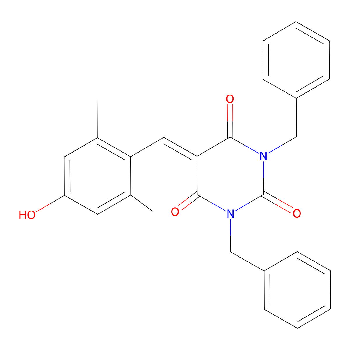 1,3-Dibenzyl-5-(4-hydroxy-2,6-dimethylbenzylidene)pyrimidine-2,4,6(1H,3H,5H)-trione molecular structure, CAS 1675821-32-5