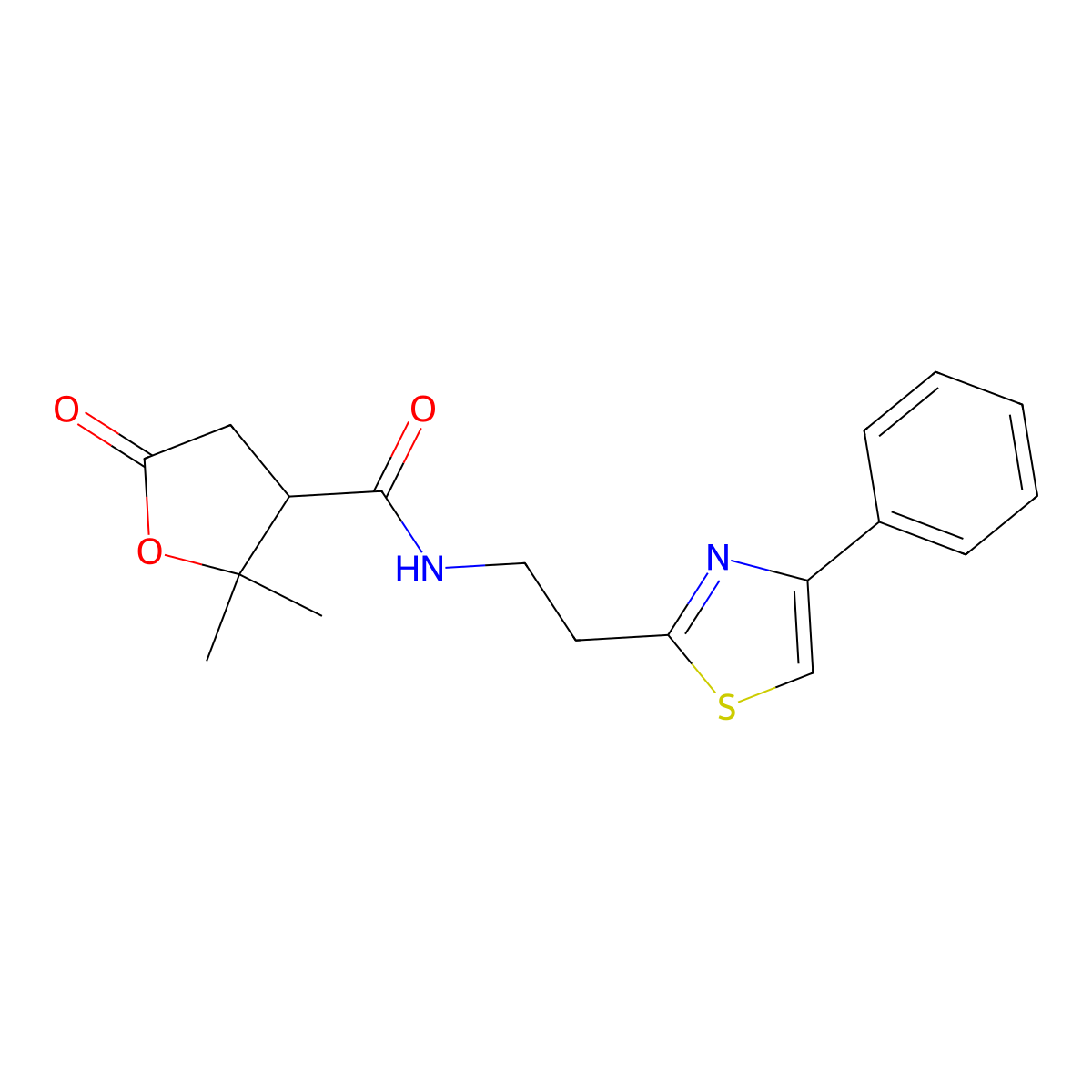 2,2-dimethyl-5-oxo-N-[2-(4-phenyl-1,3-thiazol-2-yl)ethyl]tetrahydrofuran-3-carboxamide molecular structure, CAS 1676025-89-0