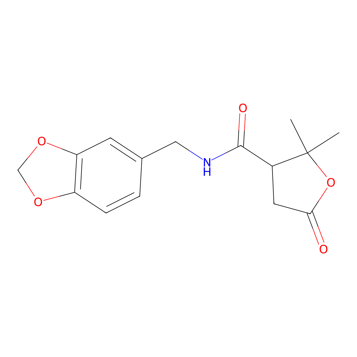 N-(1,3-benzodioxol-5-ylmethyl)-2,2-dimethyl-5-oxotetrahydrofuran-3-carboxamide molecular structure, CAS 1676026-85-9