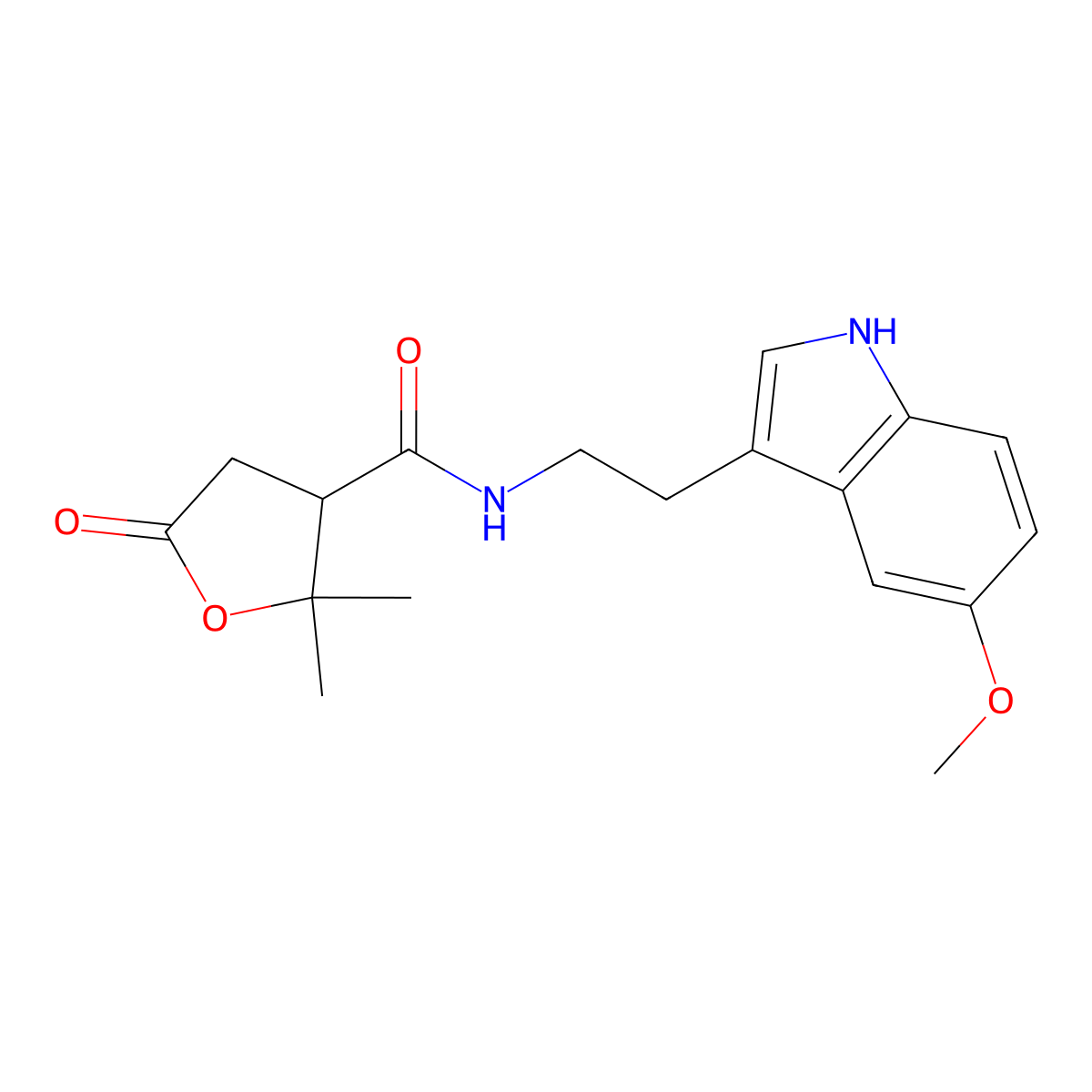 N-[2-(5-methoxy-1H-indol-3-yl)ethyl]-2,2-dimethyl-5-oxotetrahydrofuran-3-carboxamide molecular structure, CAS 1676034-28-8