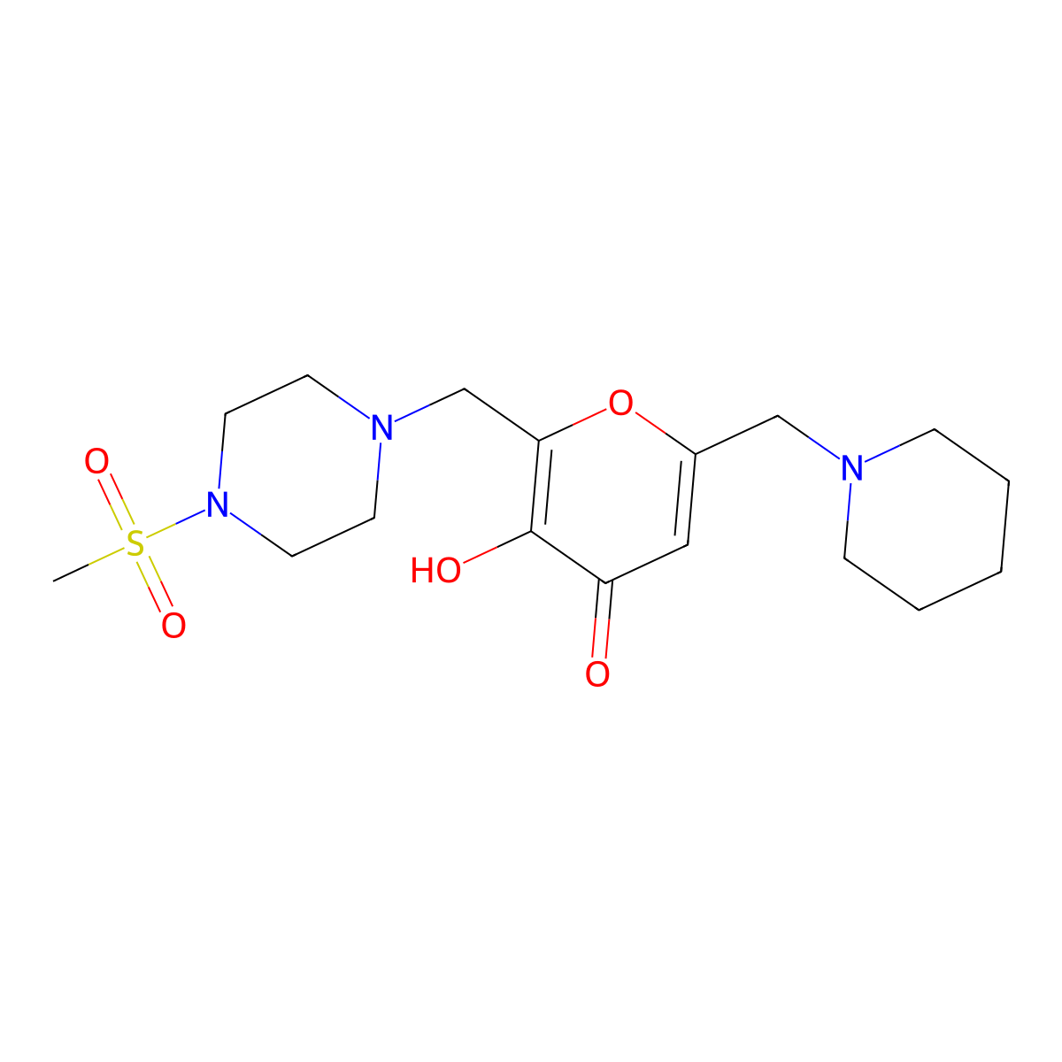 3-hydroxy-2-{[4-(methylsulfonyl)piperazin-1-yl]methyl}-6-(piperidin-1-ylmethyl)-4H-pyran-4-one molecular structure, CAS 1676051-56-1