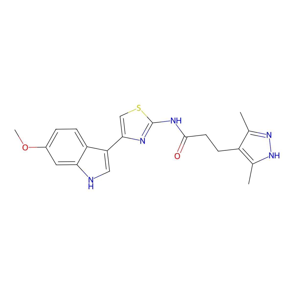 3-(3,5-dimethyl-1H-pyrazol-4-yl)-N-[4-(6-methoxy-1H-indol-3-yl)-1,3-thiazol-2-yl]propanamide molecular structure, CAS 1676051-66-3