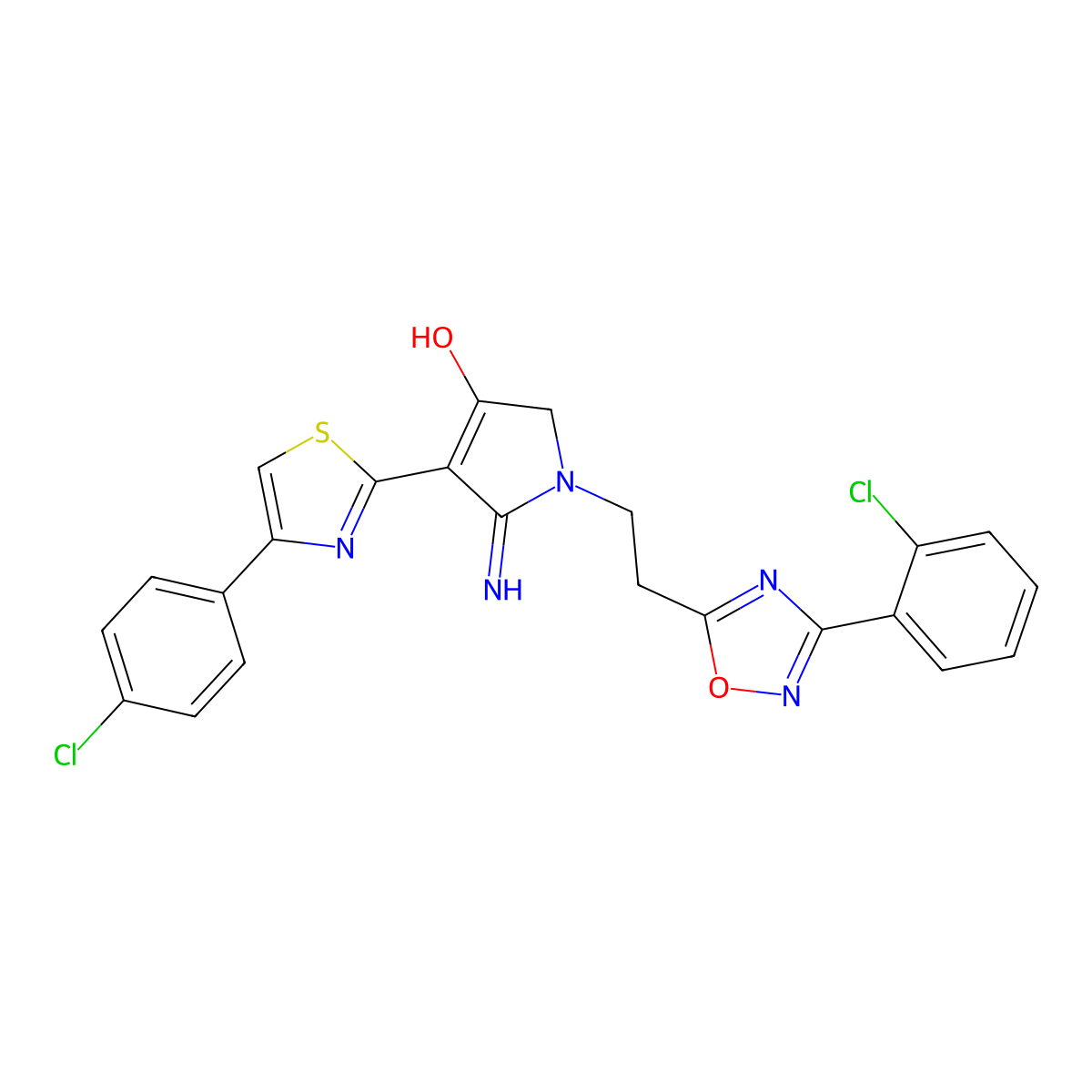 1-{2-[3-(2-chlorophenyl)-1,2,4-oxadiazol-5-yl]ethyl}-4-[4-(4-chlorophenyl)-1,3-thiazol-2-yl]-5-imino-2,5-dihydro-1H-pyrrol-3-ol molecular structure, CAS 1676051-94-7