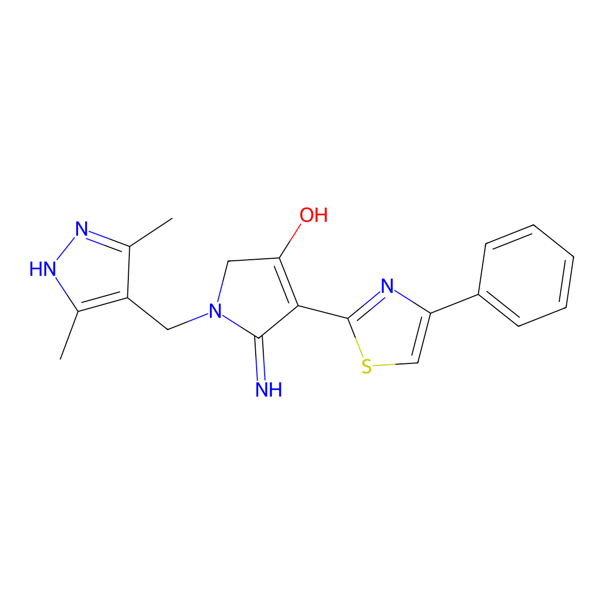 1-[(3,5-dimethyl-1H-pyrazol-4-yl)methyl]-5-imino-4-(4-phenyl-1,3-thiazol-2-yl)-2,5-dihydro-1H-pyrrol-3-ol molecular structure, CAS 1676052-61-1