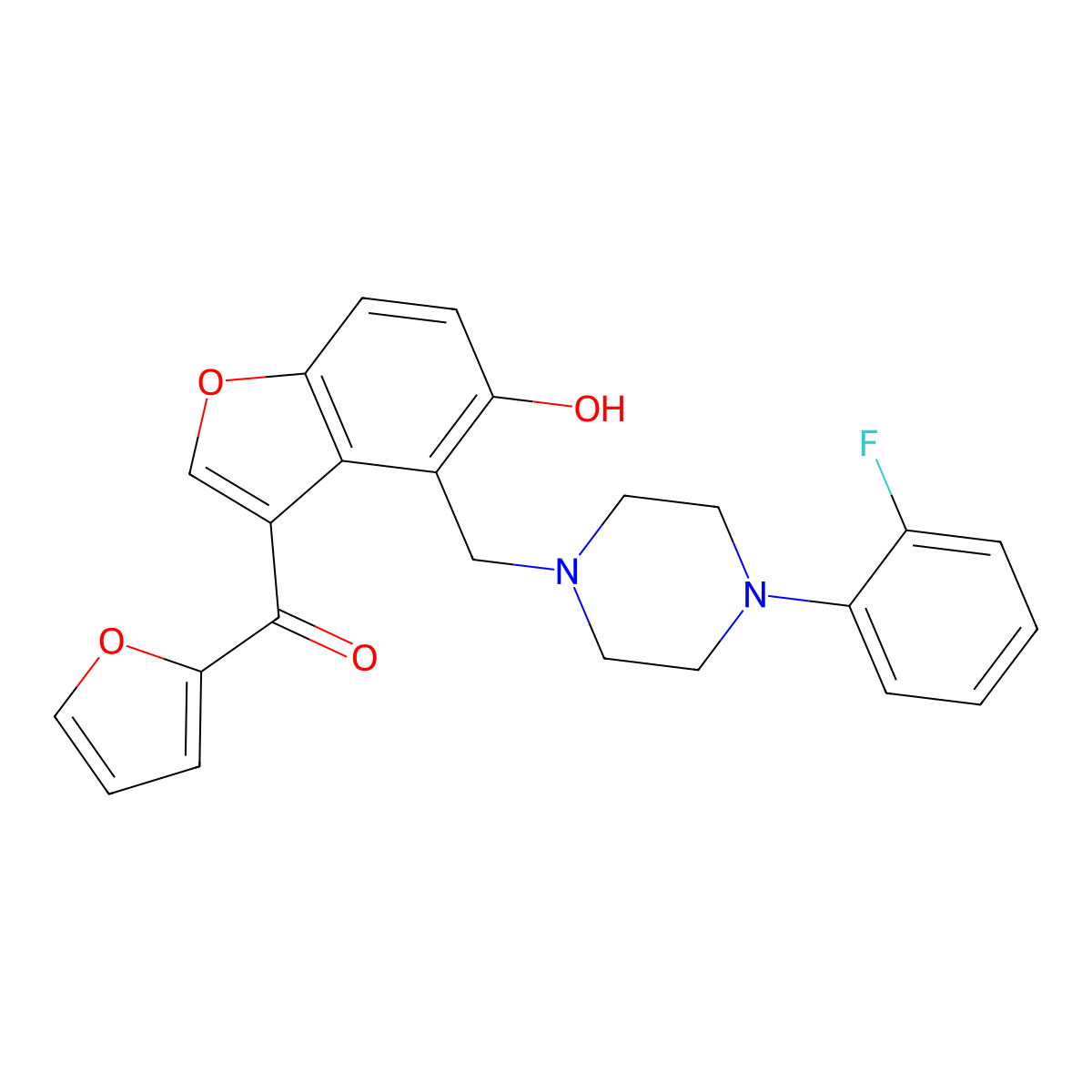 (4-{[4-(2-Fluorophenyl)piperazin-1-yl]methyl}-5-hydroxy-1-benzofuran-3-yl)(furan-2-yl)methanone molecular structure, CAS 1676053-31-8