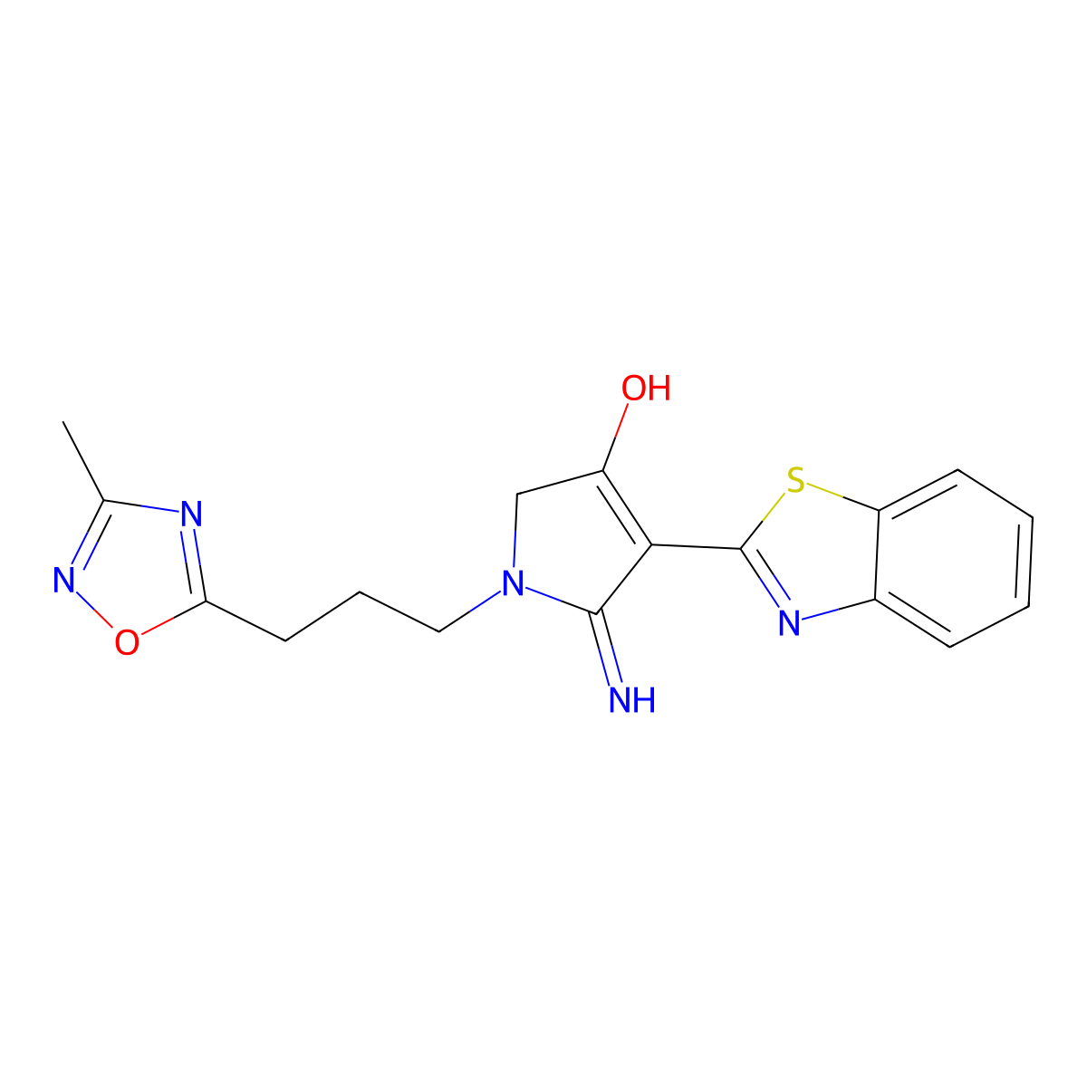 4-(1,3-benzothiazol-2-yl)-5-imino-1-[3-(3-methyl-1,2,4-oxadiazol-5-yl)propyl]-2,5-dihydro-1H-pyrrol-3-ol molecular structure, CAS 1676053-56-7