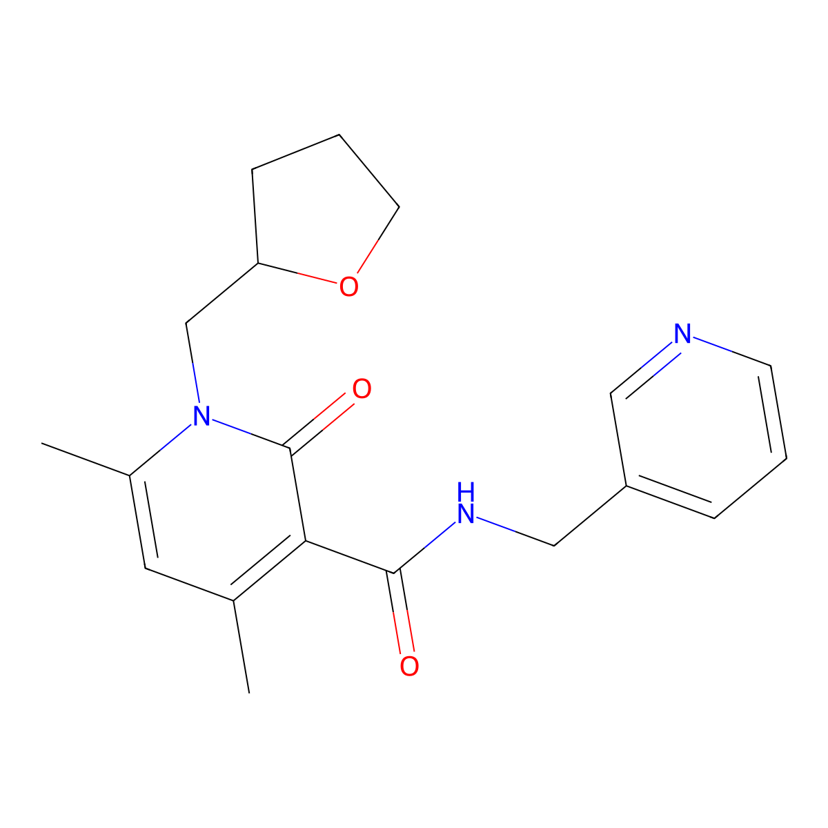 4,6-dimethyl-2-oxo-N-(pyridin-3-ylmethyl)-1-(tetrahydrofuran-2-ylmethyl)-1,2-dihydropyridine-3-carboxamide molecular structure, CAS 1676053-94-3