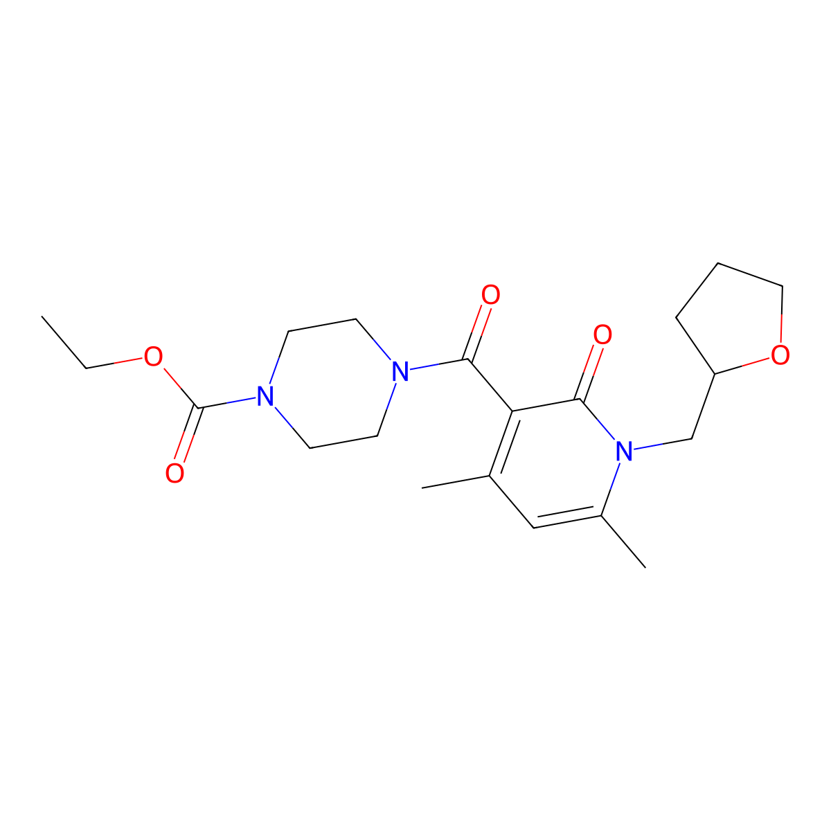 Ethyl 4-{[4,6-dimethyl-2-oxo-1-(tetrahydrofuran-2-ylmethyl)-1,2-dihydropyridin-3-yl]carbonyl}piperazine-1-carboxylate molecular structure, CAS 1676054-36-6