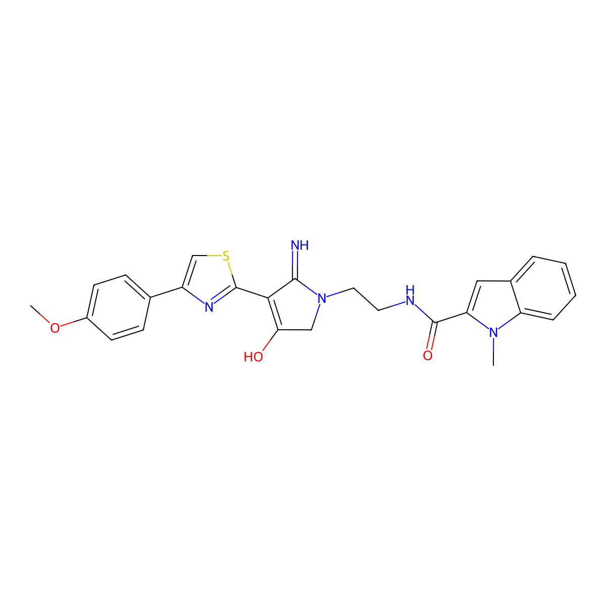 N-(2-{4-hydroxy-2-imino-3-[4-(4-methoxyphenyl)-1,3-thiazol-2-yl]-2,5-dihydro-1H-pyrrol-1-yl}ethyl)-1-methyl-1H-indole-2-carboxamide molecular structure, CAS 1676054-88-8