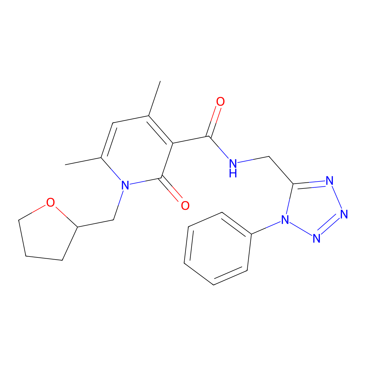 4,6-dimethyl-2-oxo-N-[(1-phenyl-1H-tetrazol-5-yl)methyl]-1-(tetrahydrofuran-2-ylmethyl)-1,2-dihydropyridine-3-carboxamide molecular structure, CAS 1676054-92-4