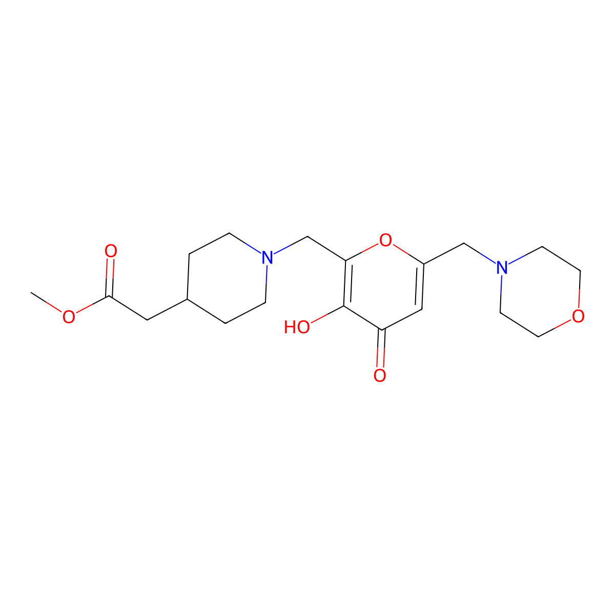 methyl (1-{[3-hydroxy-6-(morpholin-4-ylmethyl)-4-oxo-4H-pyran-2-yl]methyl}piperidin-4-yl)acetate molecular structure, CAS 1676067-00-7