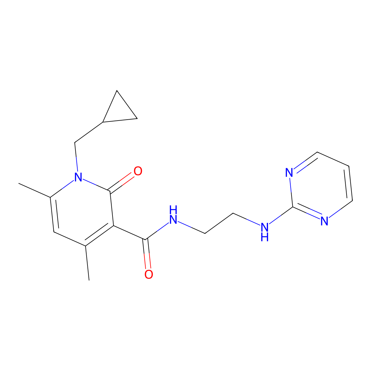 1-(cyclopropylmethyl)-4,6-dimethyl-2-oxo-N-[2-(pyrimidin-2-ylamino)ethyl]-1,2-dihydropyridine-3-carboxamide molecular structure, CAS 1676067-09-6